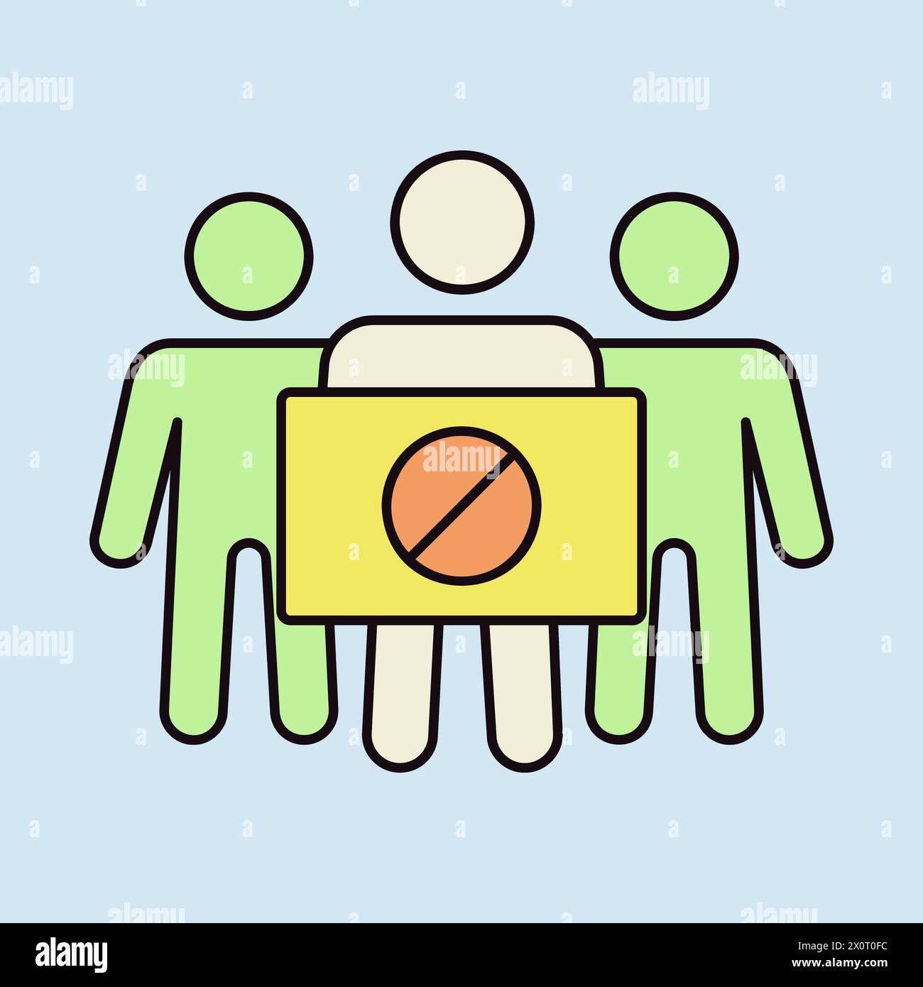 Crowd of people with placard, big sign, banner with forbidden sign vector isolated icon. Demonstration, protest, strike, revolution Stock Vector