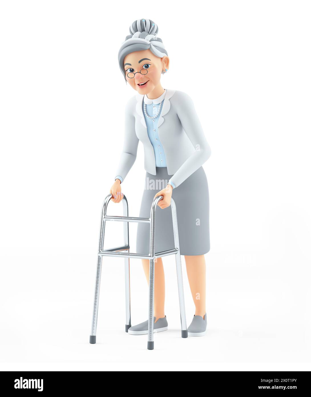 3d cartoon granny walking with walker, illustration isolated on white background Stock Photo