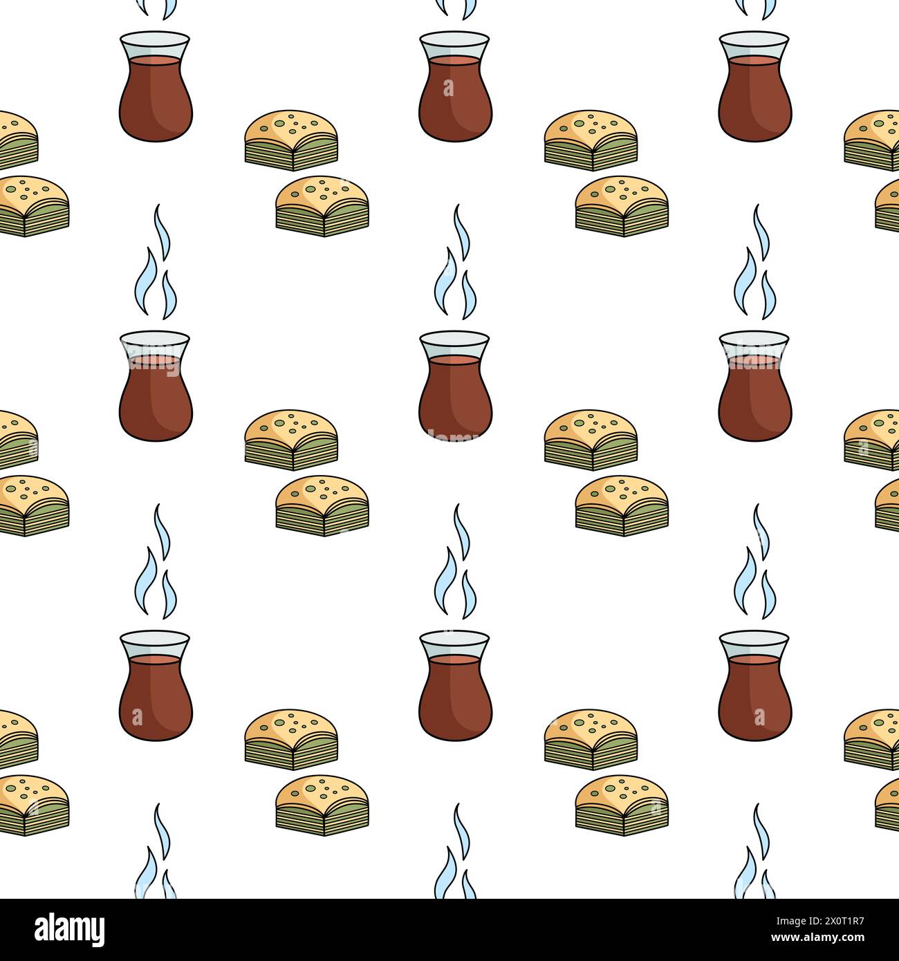 Seamless pattern with Turkish tulip shaped teacup and Turkish baklava. Traditional elements of Turkish culture. Texture with Turkish national tea party. Vector illustration, white background. Stock Vector