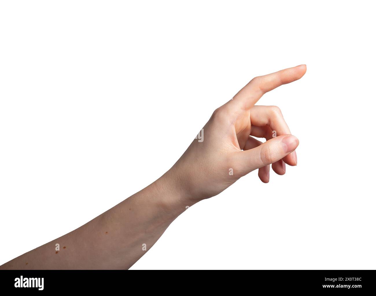 Hand clicking, index finger touching, tapping, gesturing, pointing aside, isolated on white background. Stock Photo