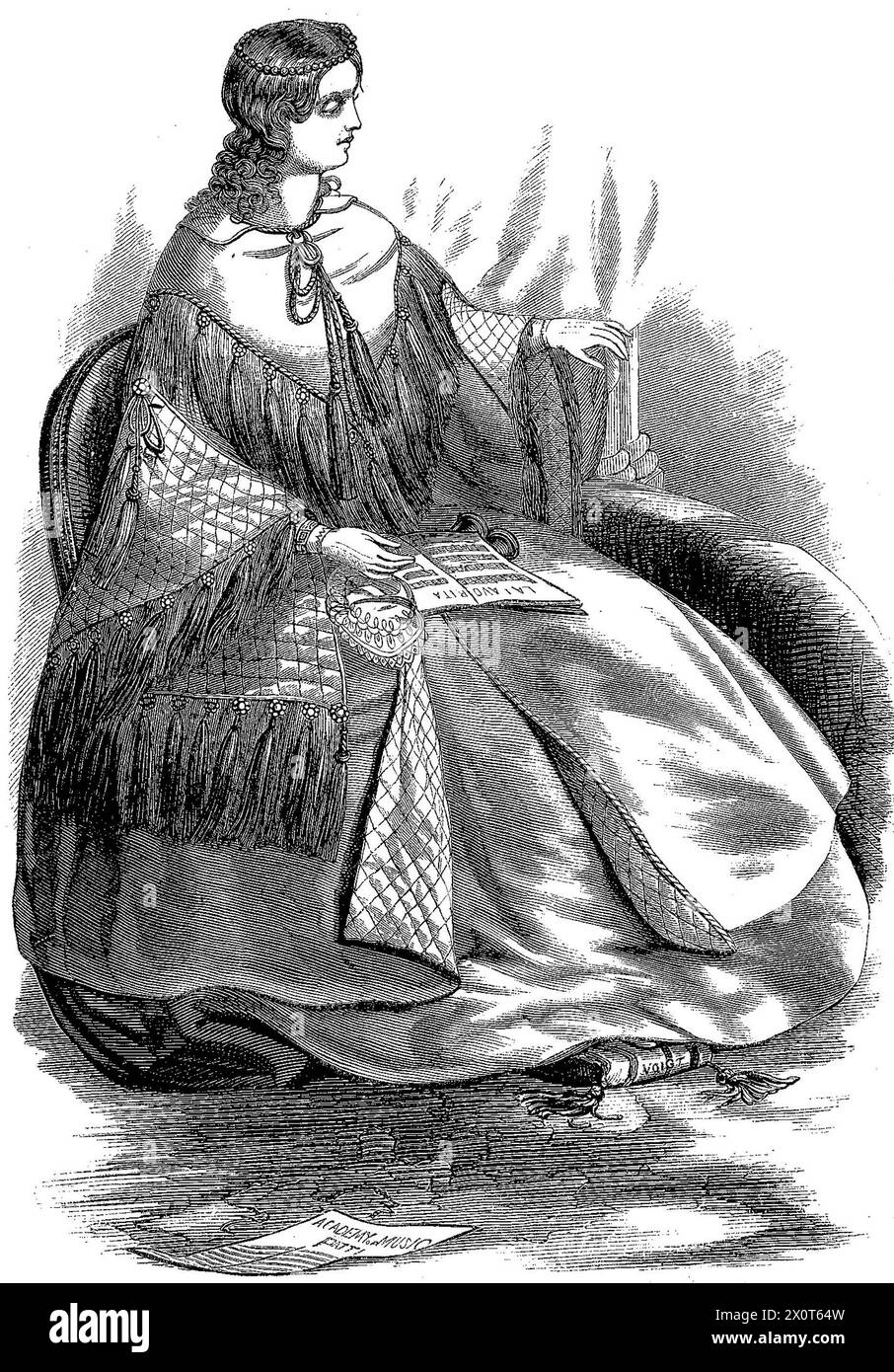 Engraving of woman in opera cloak Stock Photo - Alamy