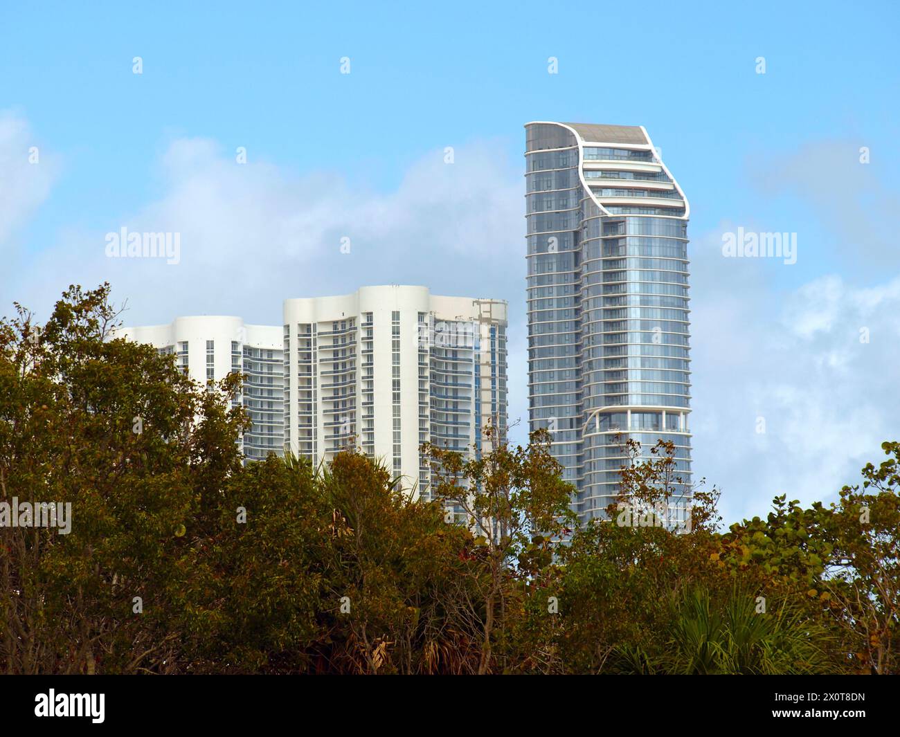 Sunny Isles, Florida, United States - January 27, 2024: Sunny Isles tall buildings on the Atlantic shore of South Florida. Construction. Stock Photo