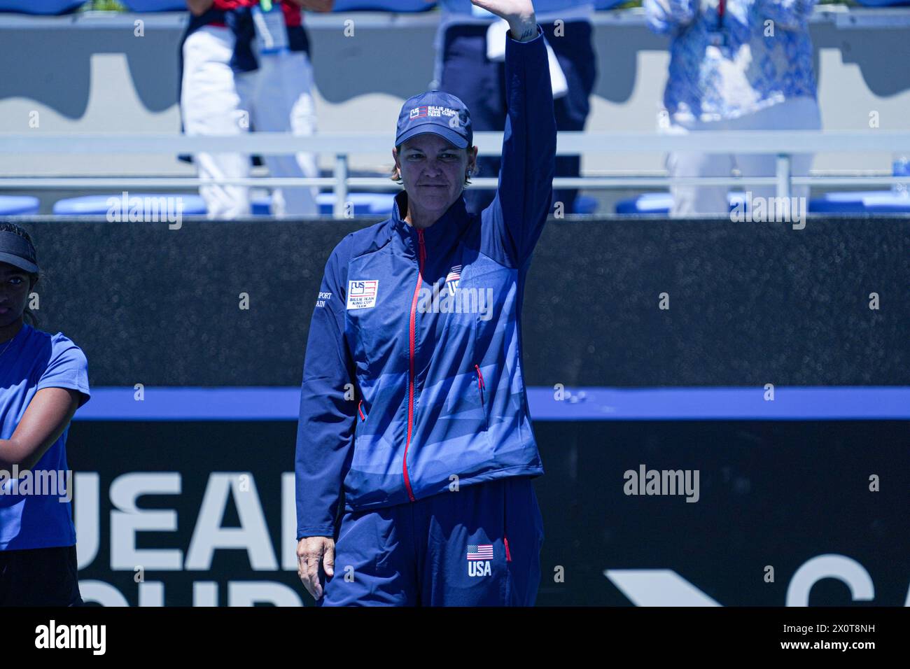 Orlando, United States. 13th Apr, 2024. Team USA Captain Lindsay Davenport waves ahead of the third match between American Pegula (WTA 5) and Belgian Vandewinkel (WTA 278) on the second day of the meeting between USA and Belgium, in the qualification round in the world group for the final of the Billie Jean King Cup tennis, in Orlando, Florida, USA, on Saturday 13 April 2024. BELGA PHOTO MARTY JEAN LOUIS Credit: Belga News Agency/Alamy Live News Stock Photo