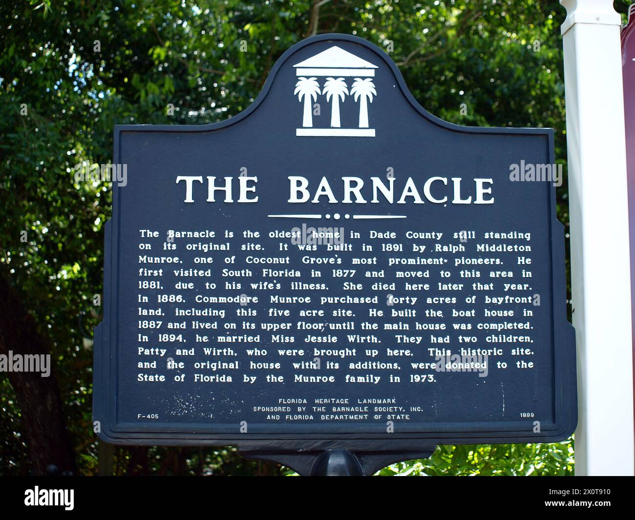 Miami, Florida, United States - April 6, 2024: Marker of The Barnacle, the oldest house in its original location in Miami-Dade County. Stock Photo