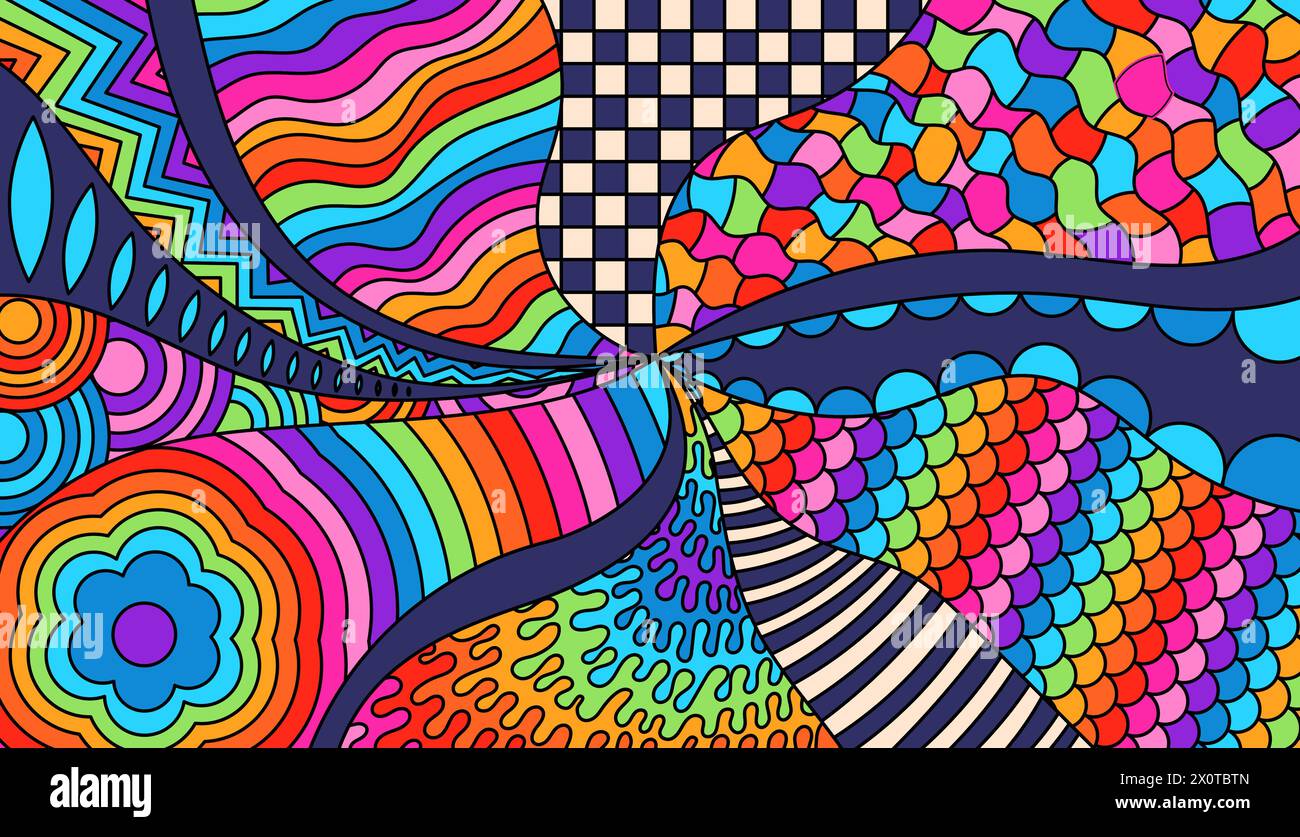 Psychedelic groovy color background. Zentangle coloring page for adult. Stock Vector