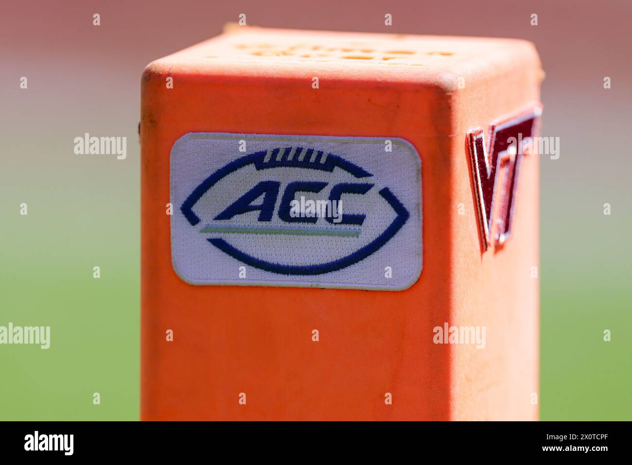 Blacksburg, Virginia, USA. 13th Apr, 2024. Atlantic Coast Conference branding on a pylon during the 2024 Virginia Tech Hokies Spring Football Game at Lane Stadium in Blacksburg, Virginia. Greg Atkins/CSM (Credit Image: © Greg Atkins/Cal Sport Media). Credit: csm/Alamy Live News Stock Photo