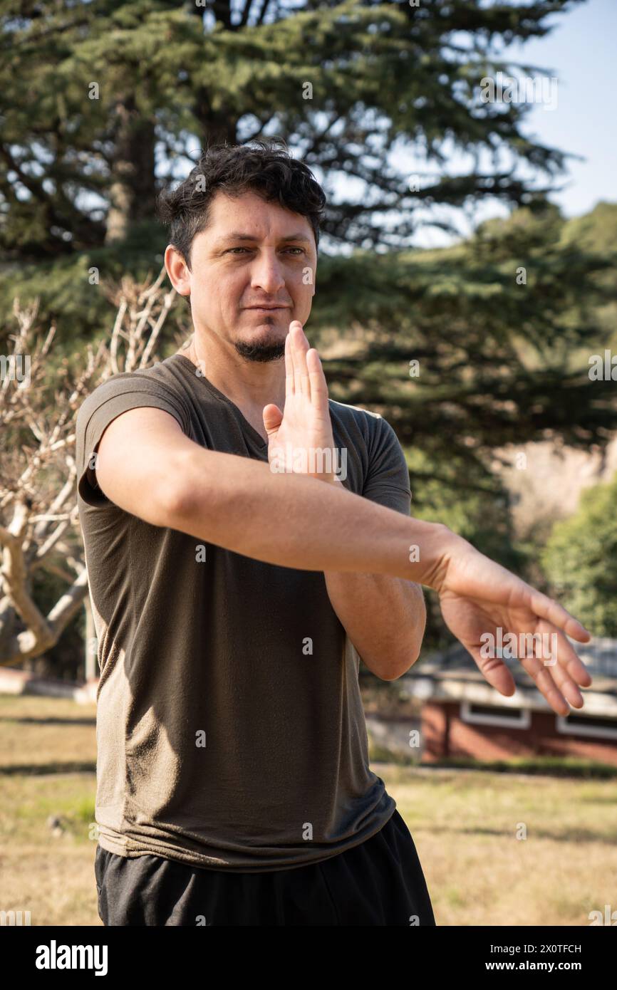In a vertical shot, a middleaged man diligently practices Kung Fu