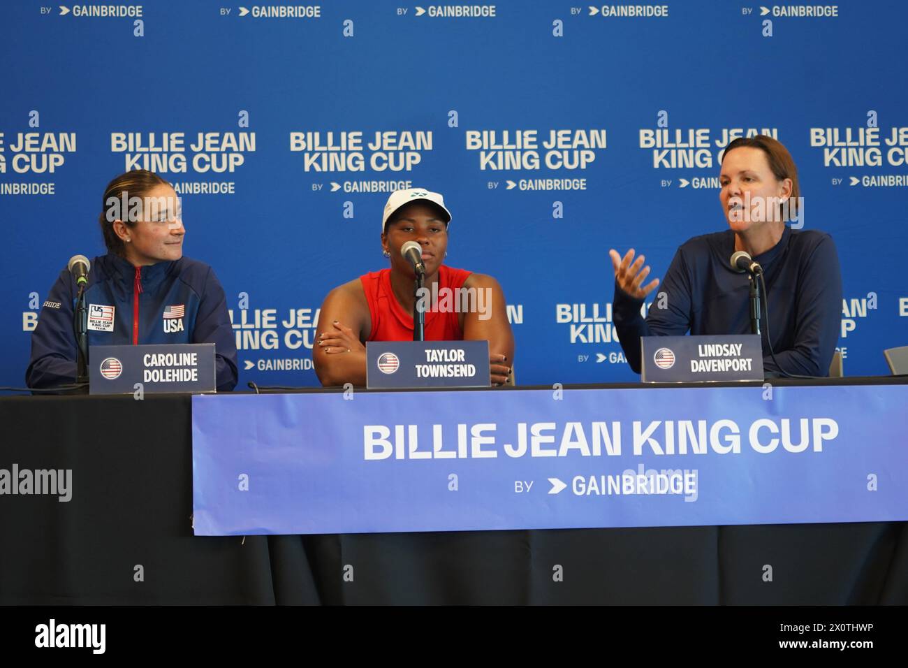 Orlando, Florida, April 13, 2024, USA's Caroline Dolehide Taylor Townsend and Lindsay Davenport post game press conference during the 2024 Billie Jean King Cup at the USTA National Campus. (Photo Credit: Marty Jean-Louis) Credit: Sipa USA/Alamy Live News Stock Photo