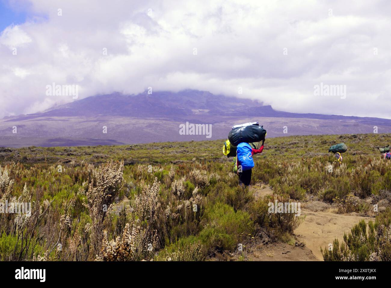 Porter heavily laden with supplies trekking across a plateau towards the summit of Mount Kilimanjaro Stock Photo
