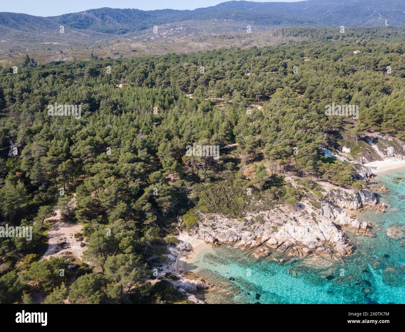 Amazing view of Sithonia coastline near Orange Beach Beach, Chalkidiki, Central Macedonia, Greece Stock Photo