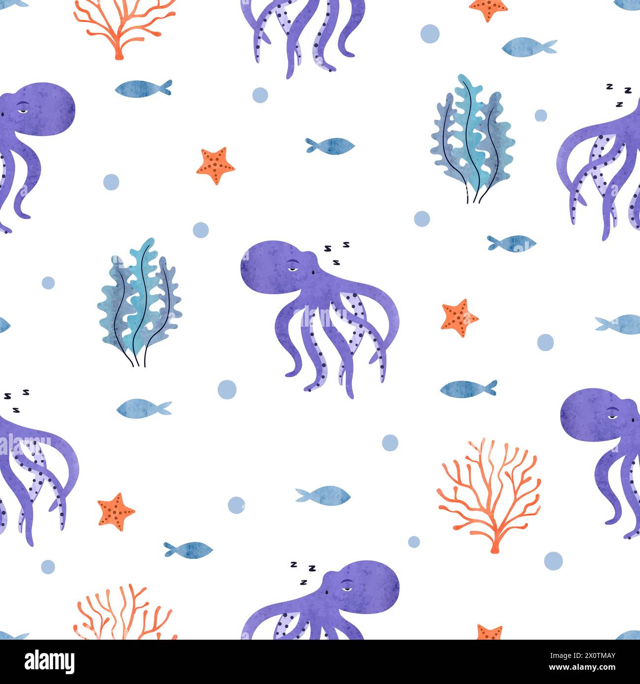 Seamless sea pattern with cute octopus, fish and seaweeds. Vector ...