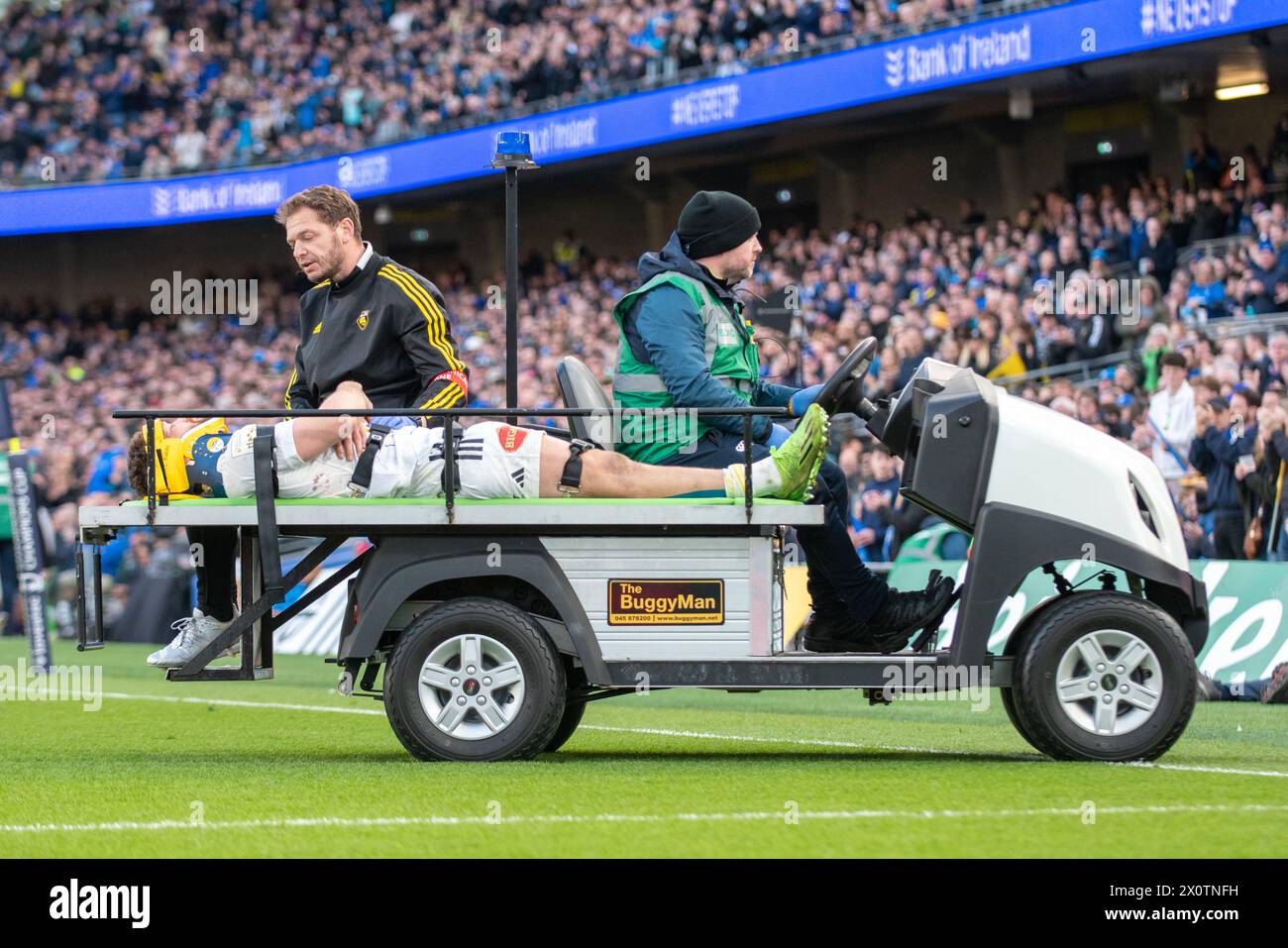 Dublin, Ireland. 13th Apr, 2024. Tawera Kerr-Barlow of Stade Rochelais leaves pitch injured during the Investec Champions Cup, Quarter-final match between Leinster Rugby and Stade Rochelais at Aviva Stadium in Dublin, Ireland on April 13, 2024 (Photo by Andrew SURMA/ Credit: Sipa USA/Alamy Live News Stock Photo