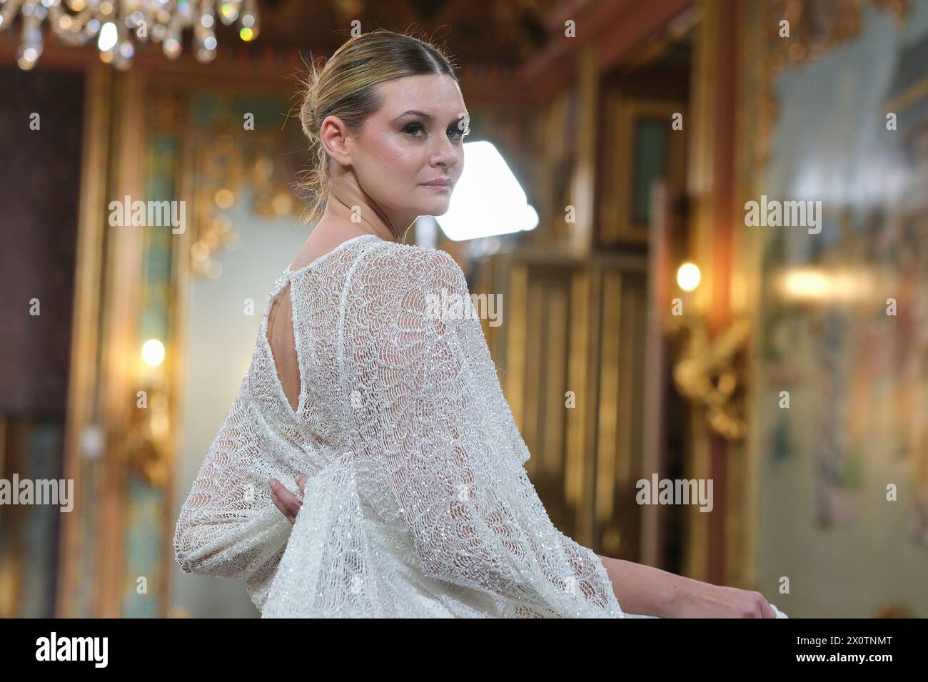 model showcases creations by Silvia Fernandez during the Atelier Couture bridal catwalk within Madrid Fashion Week, at Santa Isabel Palace in Madrid. 13 marzo, 2024 Spain Featuring: model Where: Madrid, Spain When: 13 Mar 2024 Credit: Oscar Gonzalez/WENN Stock Photo