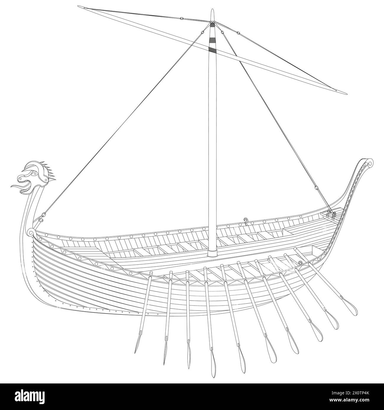 Drakkar. Viking rowing Ship in line art. Norman ship sailing. Vector illustration isolated on white background. Stock Vector