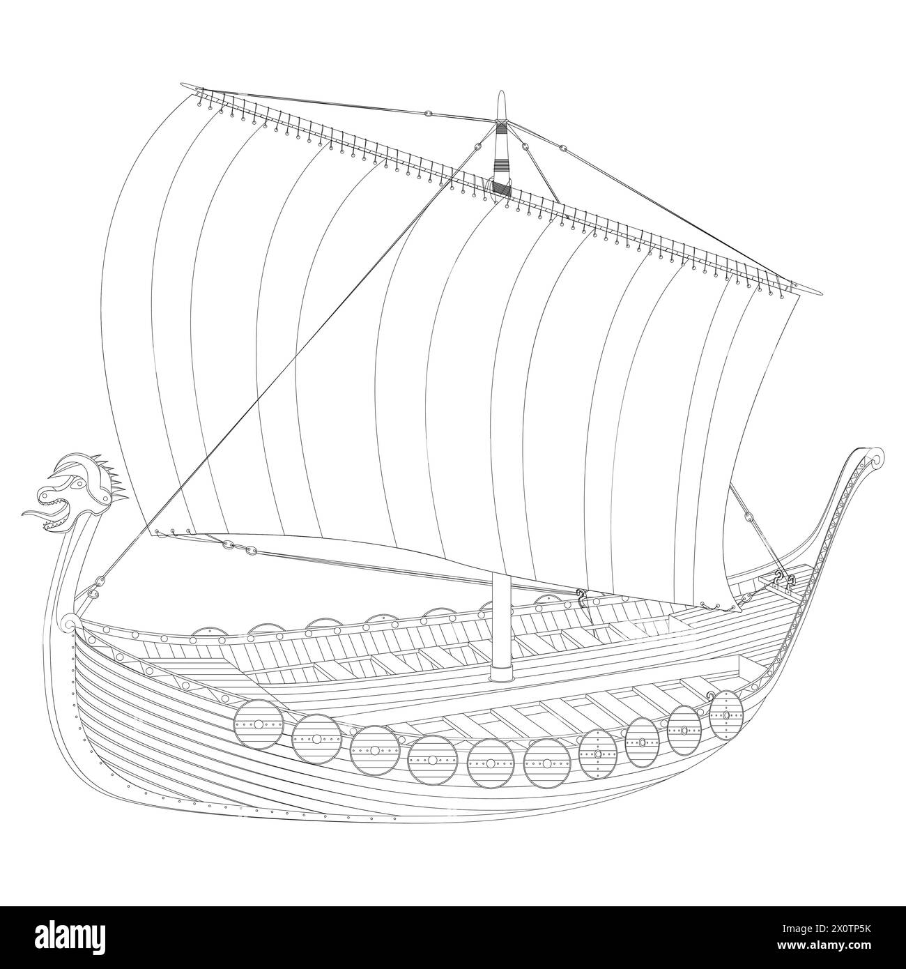 Viking scandinavian draccar in line art. Norman ship sailing. Vector illustration isolated on white background. Stock Vector