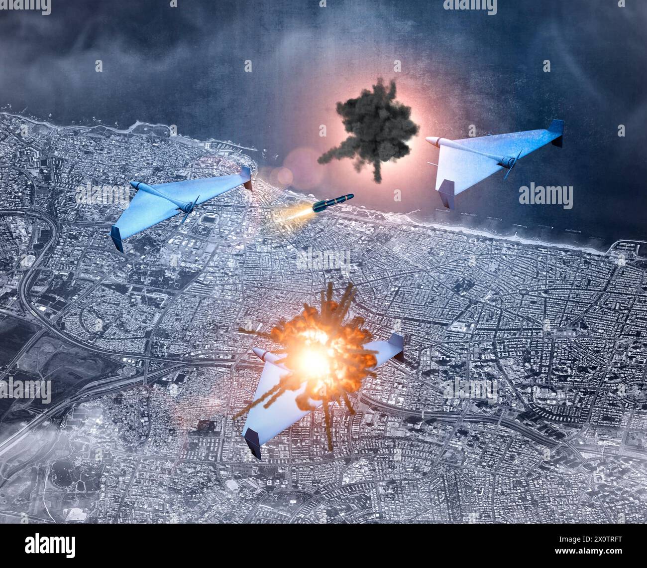 Iron Dome is a mobile air defense system. It is a system to protect Israel country from threats. The HESA Shahed 136. Drones flying at night Stock Photo