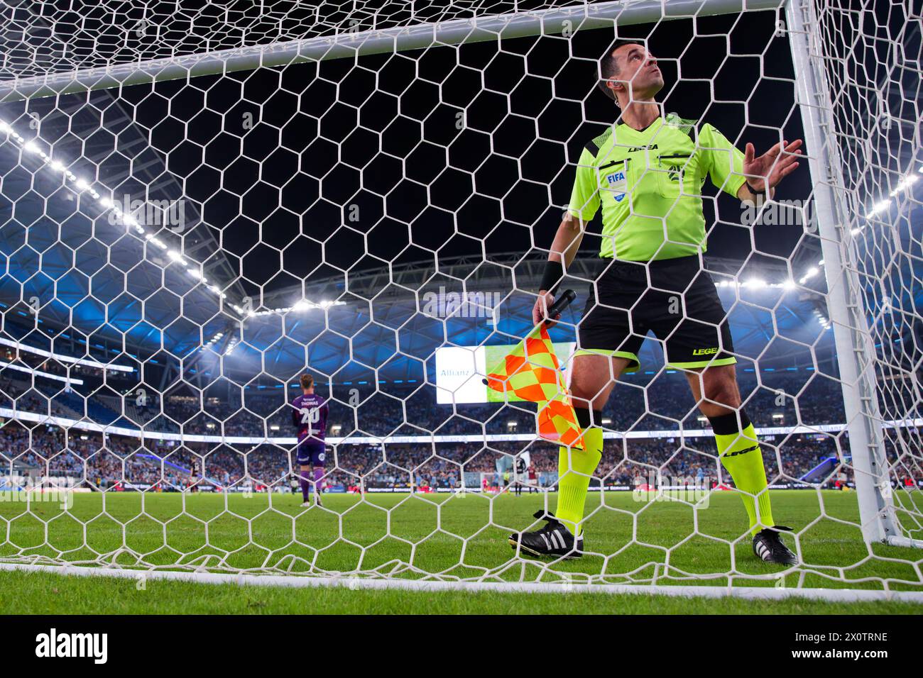 Sydney, Australia. 13th Apr, 2024. Assistant referee, Anton Shchetinin checks the nets before the A-League Men Rd24 match between Sydney FC and the Wanderers at Allianz Stadium on April 13, 2024 in Sydney, Australia Credit: IOIO IMAGES/Alamy Live News Stock Photo