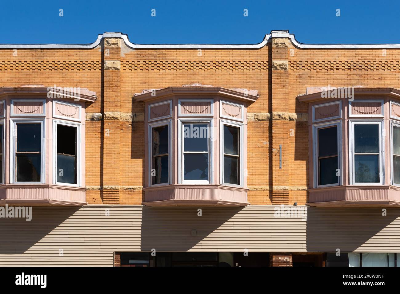 Exterior wall and windows of old downtown building in Marengo, Illinois, USA. Stock Photo