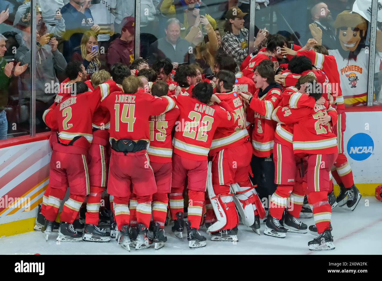 Minneapolis, Minnesota, USA. 13th Apr, 2024. Denver celebrates after the 2024 NCAA D1 Men's