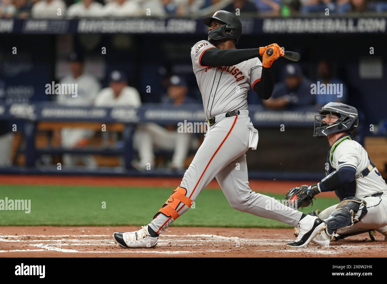 St. Petersburg, FL: San Francisco Giants outfield Jorge Soler (2) flies out to Tampa Bay Rays outfielder Jose Siri (22) during an MLB game on April 13 Stock Photo