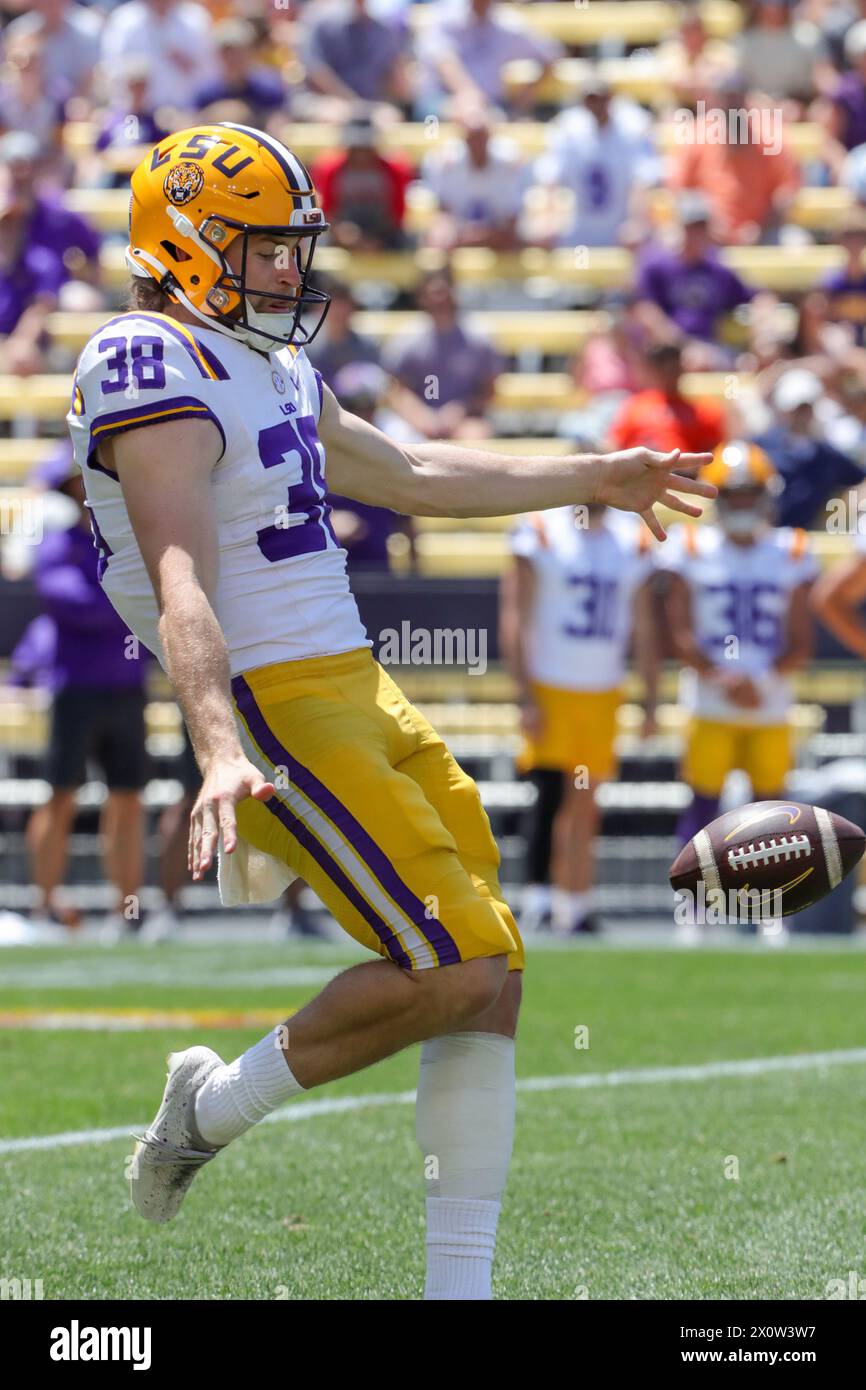 Baton Rouge, LA, USA. 13th Apr, 2024. LSU punter Peyton Todd (38) tries to get a punt off during the annual National L Club LSU Spring Game at Tiger Stadium in Baton Rouge, LA. Jonathan Mailhes/CSM (Credit Image: © Jonathan Mailhes/Cal Sport Media). Credit: csm/Alamy Live News Stock Photo