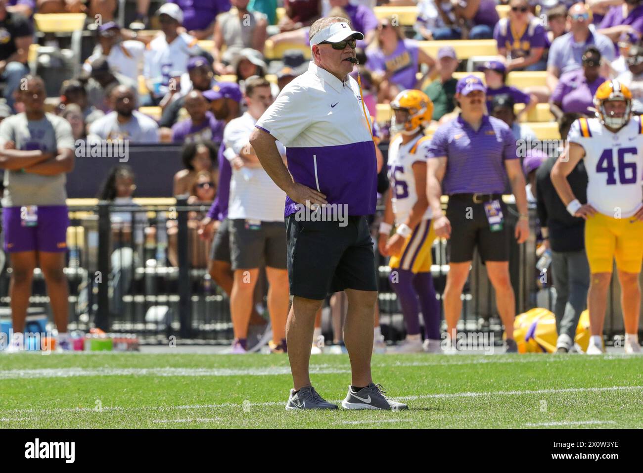 April 13, 2024 LSU Head Coach Brian Kelly watches as his team goes