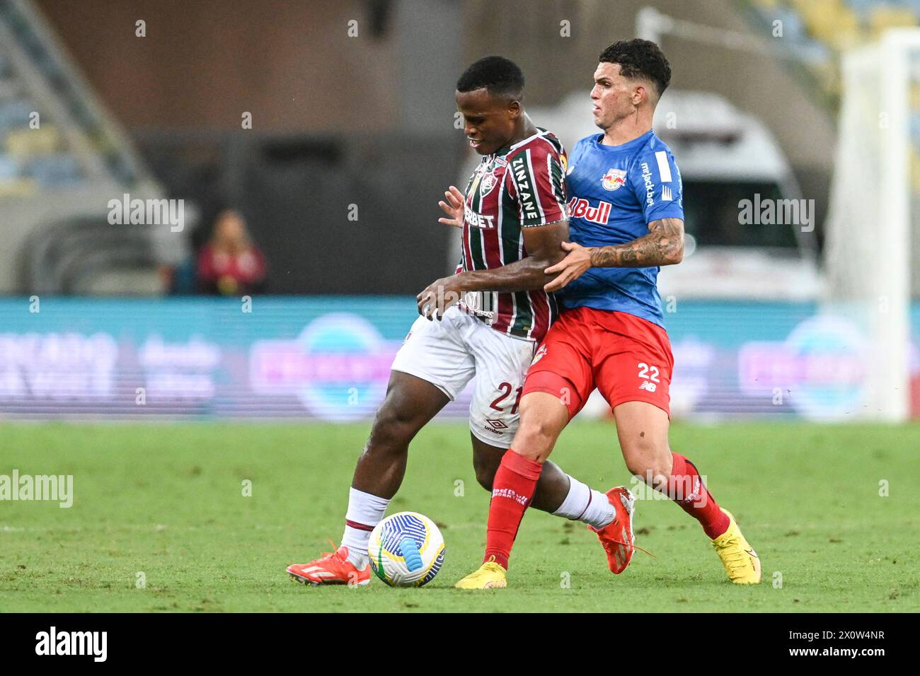 Rio, Brazil - April, 13 2024, John Arias and Raul players in match between Fluminense x Red Bull Bragantino by Brazilian championship of 1st round, in Stock Photo