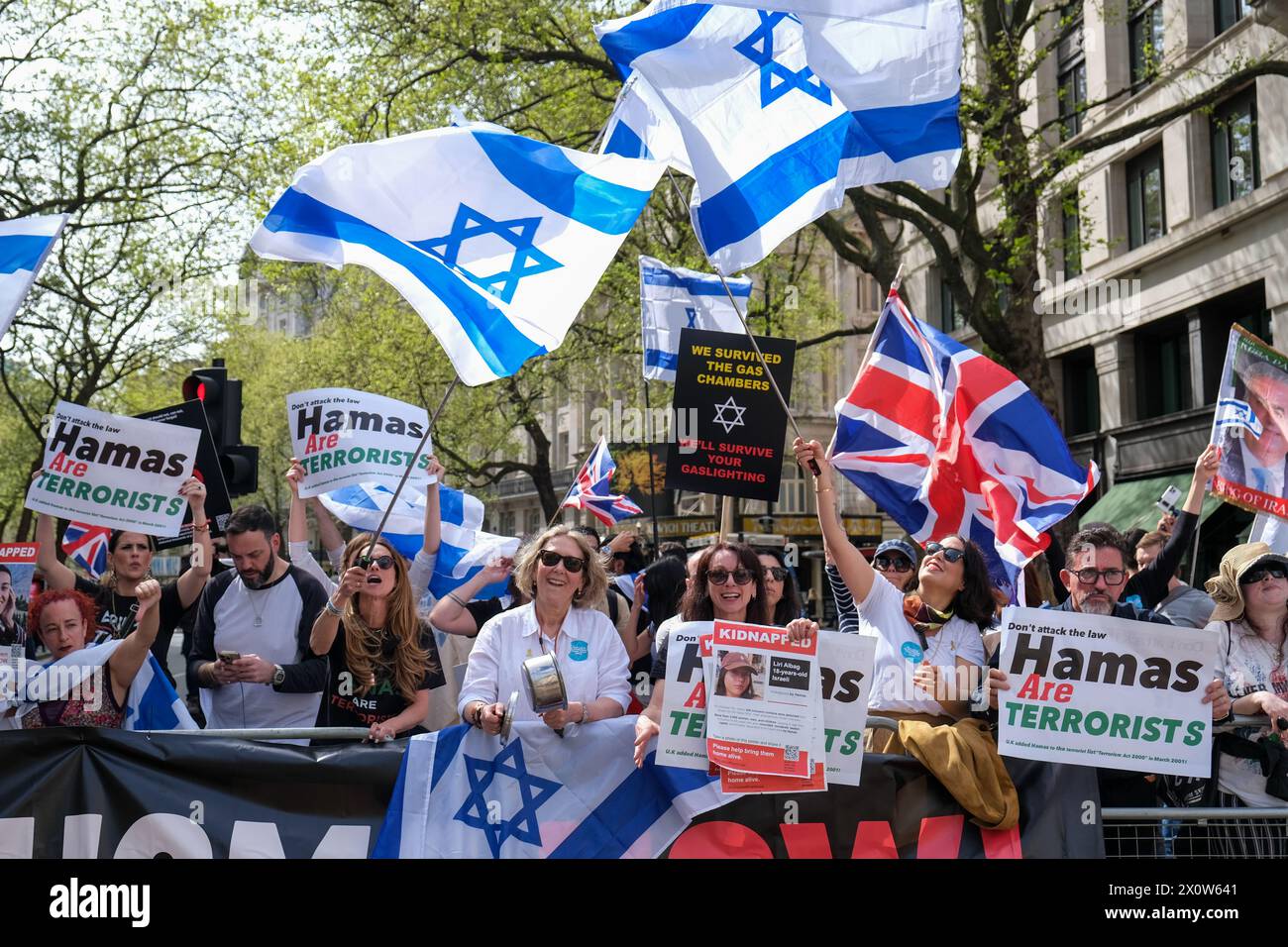 London, UK, 13th April, 2024. British-Israelis and other supporters staged a counter-demonstration along the route of the National March for Palestine at Aldwych as protesters passed by. Critical of the marches, which the group say are divisive and promote anti-Jewish and anti-Israeli sentiment. Credit: Eleventh Hour Photography/Alamy Live News Stock Photo
