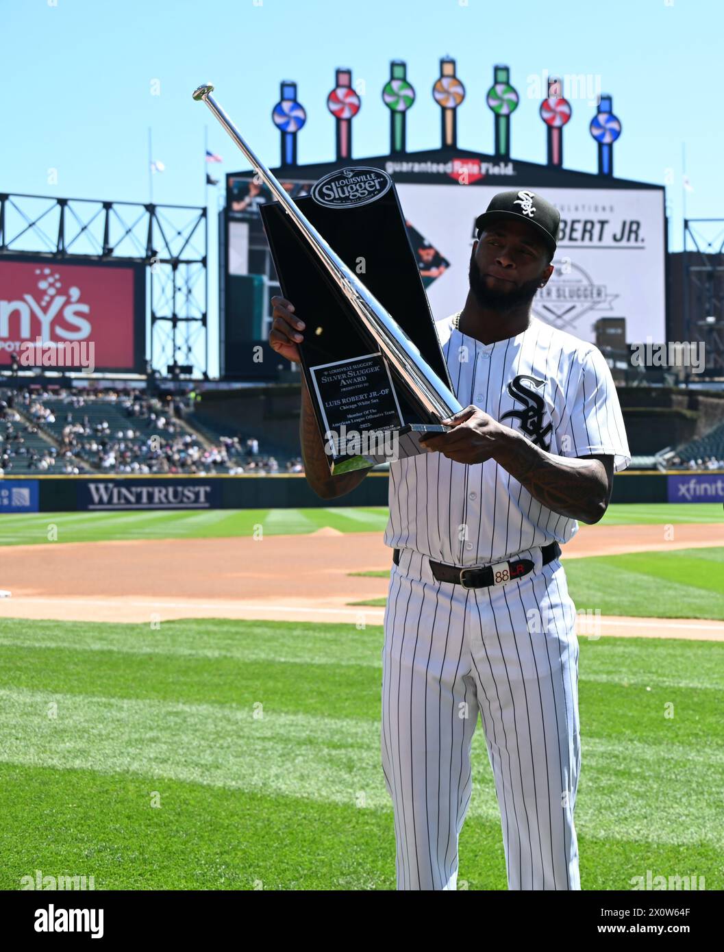 Chicago United States. 13th Apr 2024. Luis Robert Jr. Cuban born professional baseball outfielder for the Chicago White Sox of Major League Baseball awarded the Silver Slugger Award at the Cincinnati ...