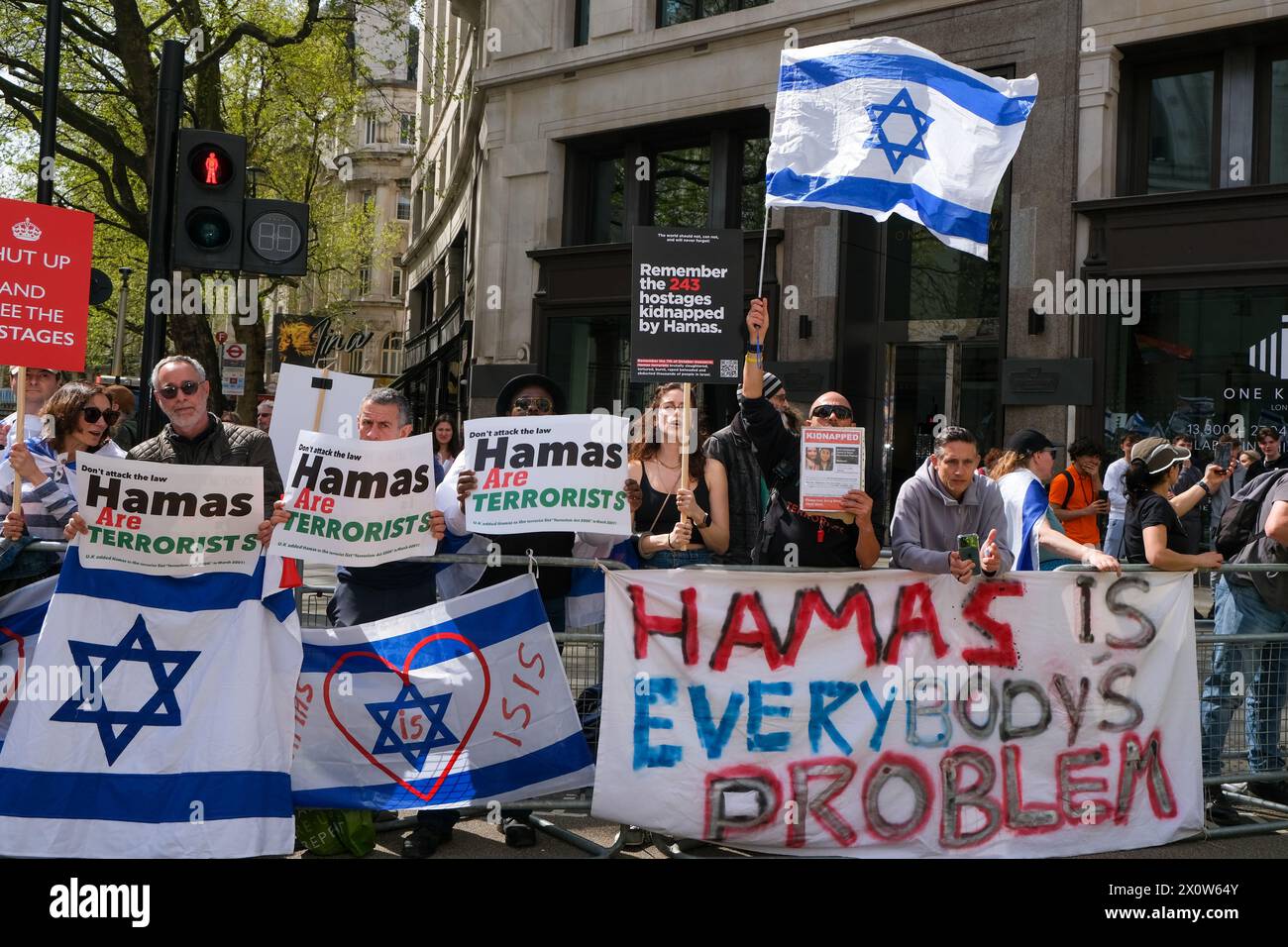 London, UK, 13th April, 2024. British-Israelis and other supporters staged a counter-demonstration along the route of the National March for Palestine at Aldwych as protesters passed by. Critical of the marches, which the group say are divisive and promote anti-Jewish and anti-Israeli sentiment. Credit: Eleventh Hour Photography/Alamy Live News Stock Photo