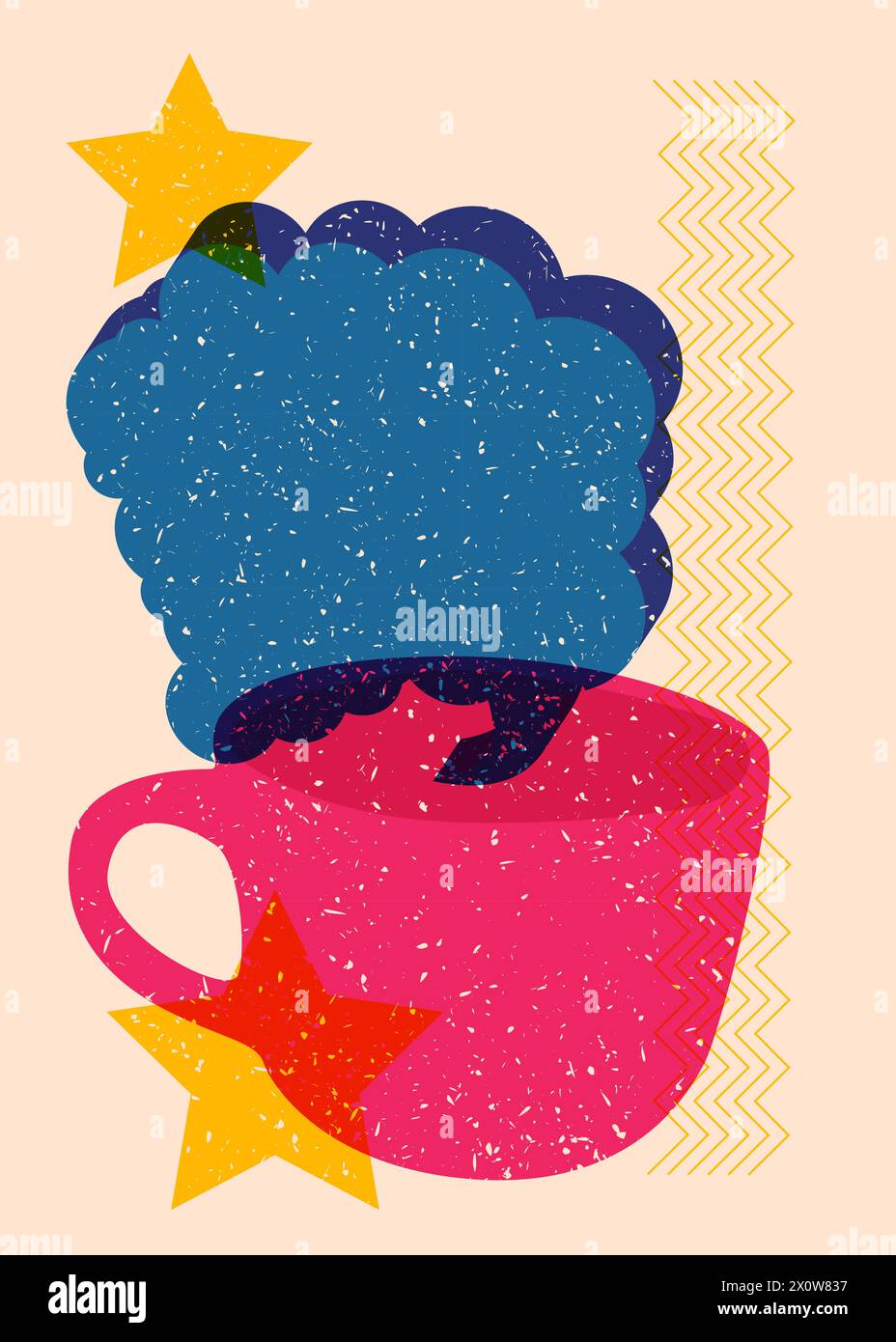 Risograph Coffee cup with speech bubble with geometric shapes. Objects in trendy riso graph print texture style design with geometry elements. Stock Vector