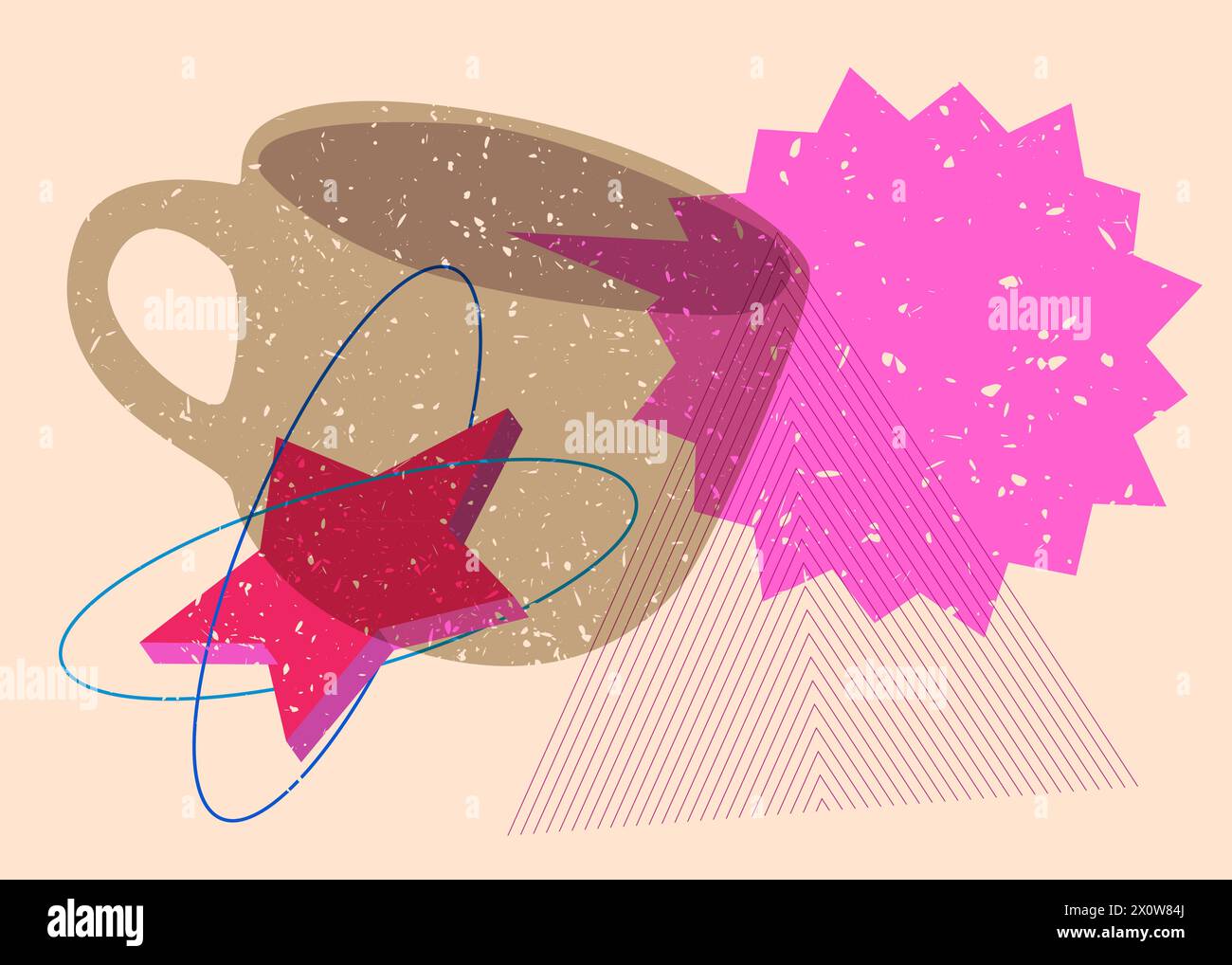 Risograph Coffee cup with speech bubble with geometric shapes. Objects in trendy riso graph print texture style design with geometry elements. Stock Vector