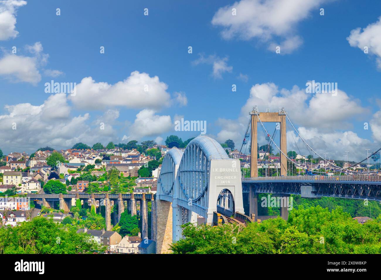 The Royal Albert Railway Bridge and beside it the Tamar Road Bridge, Saltash, Plymouth, Devon, UK. Sky added. Stock Photo