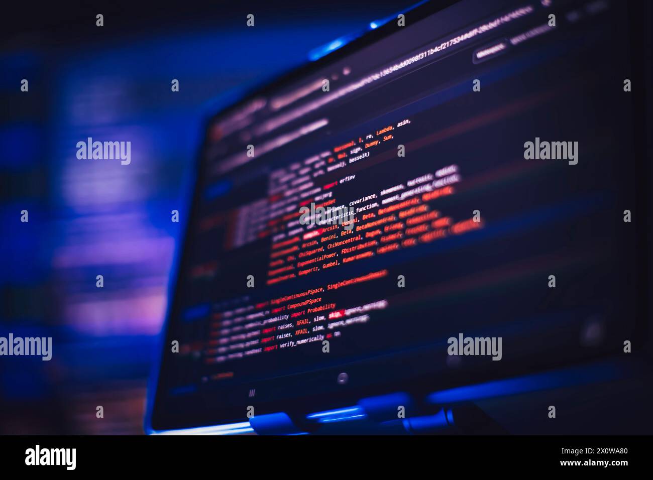 Running Computer data programming. Coding script text on screen. Notebook closeup Stock Photo