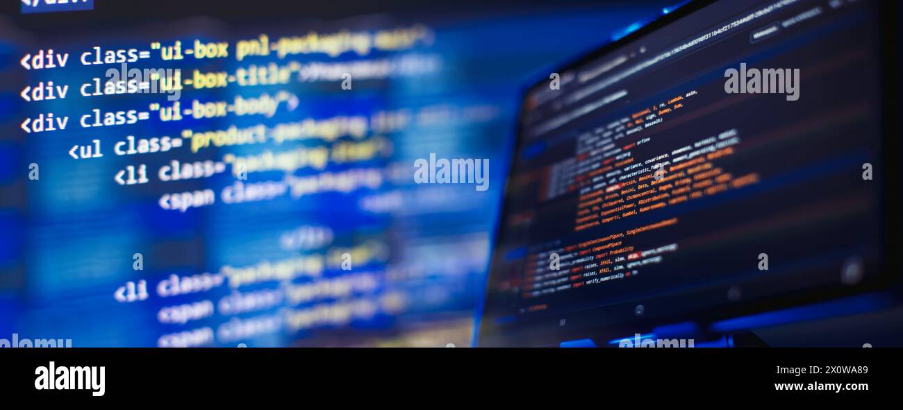 Running Computer data programming. Coding script text on screen. Notebook closeup Stock Photo