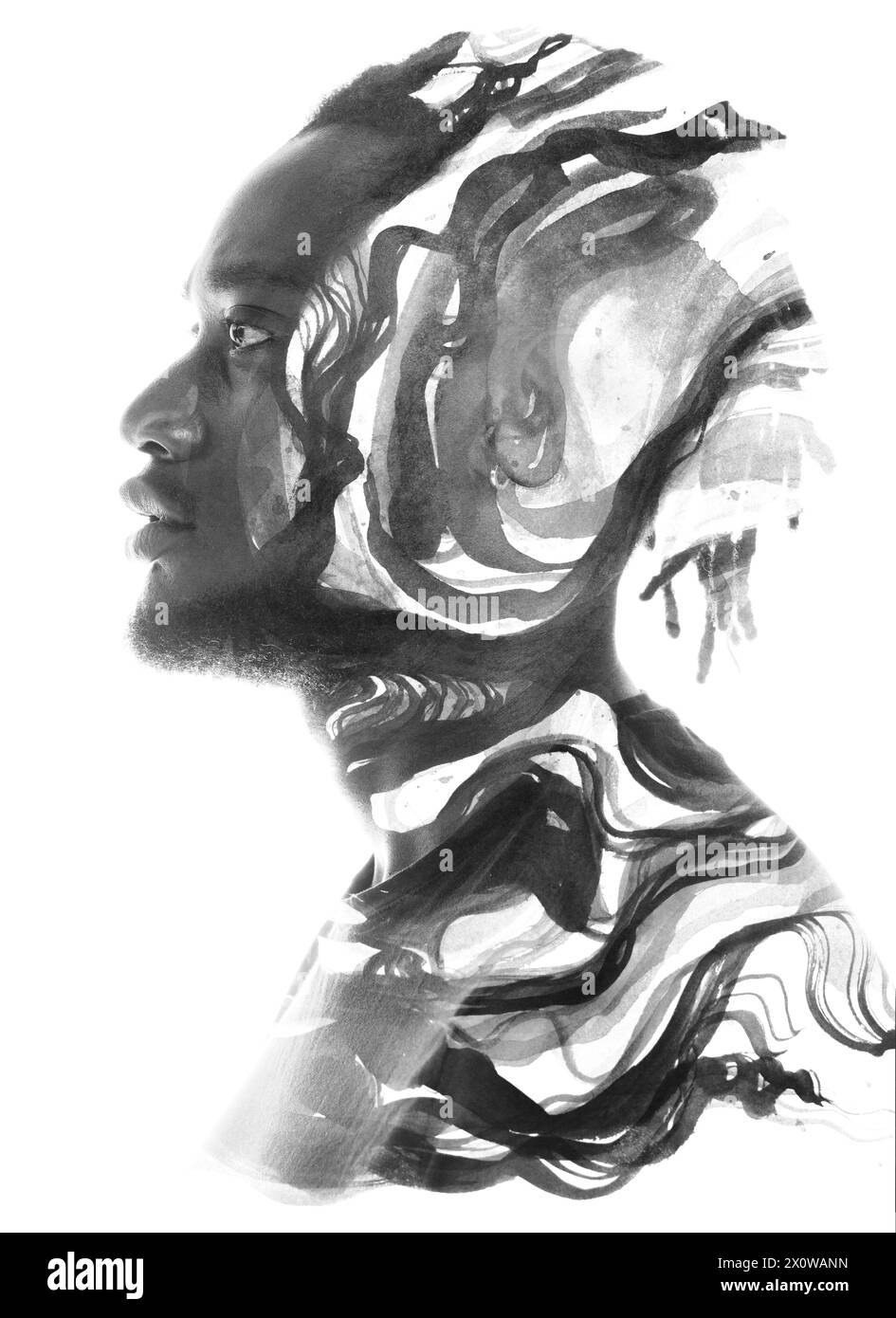An artistic monochrome paintography double exposure profile portrait of ...