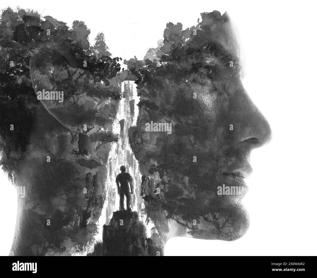 A surreal black and white profile of a man. A paintography Stock Photo ...