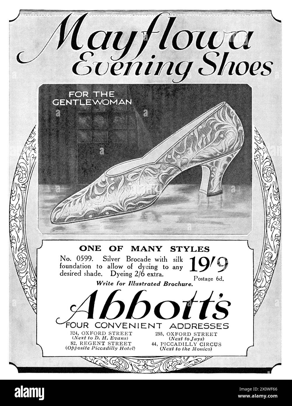1928 British fashion advertisement for Mayflowa evening shoes by Abbotts. Stock Photo