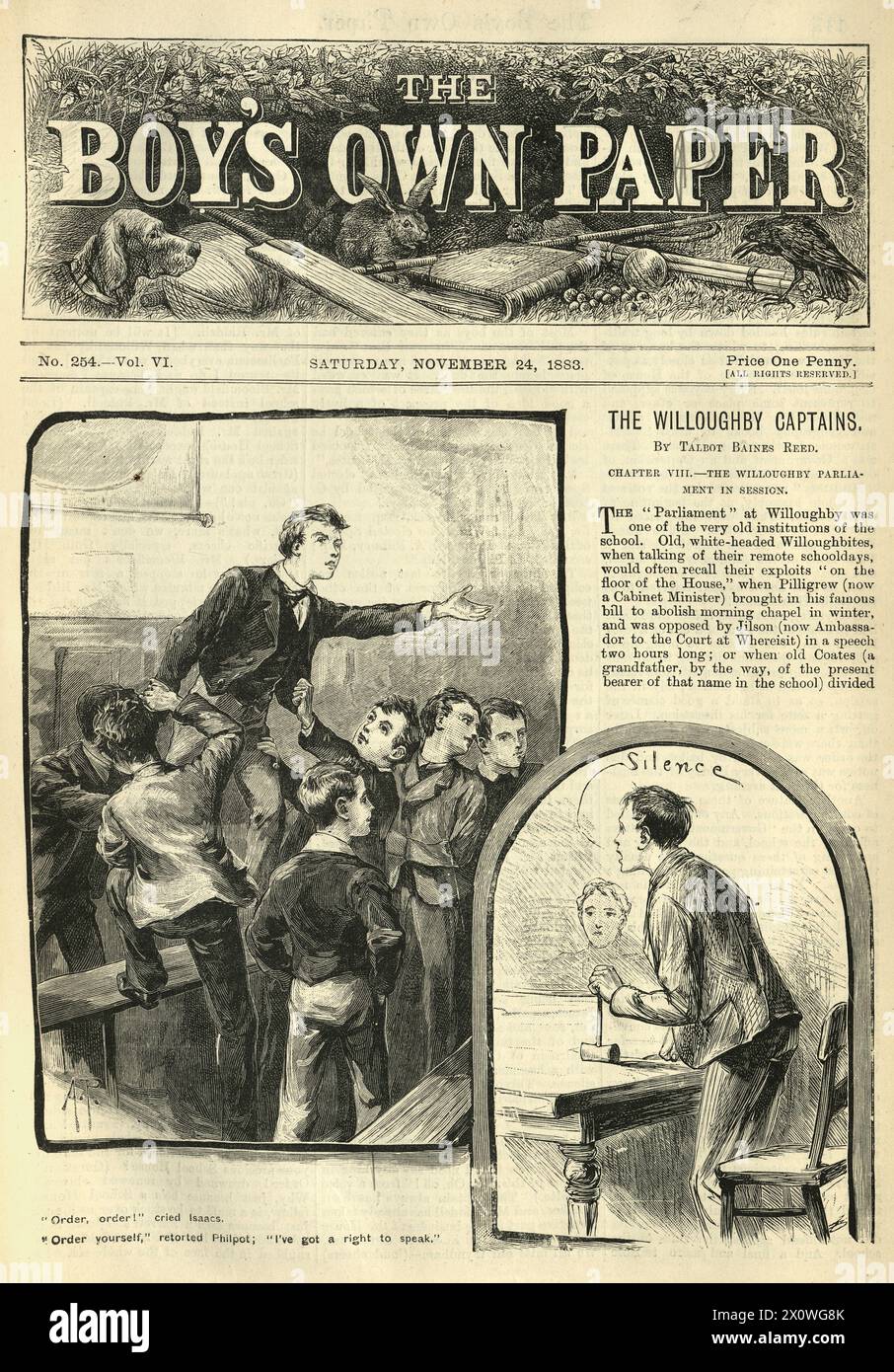 Vintage illustration History of Education, English Public school boys, Class parliament or debating society, Victorian 19th Century, Boy's Own Paper Stock Photo