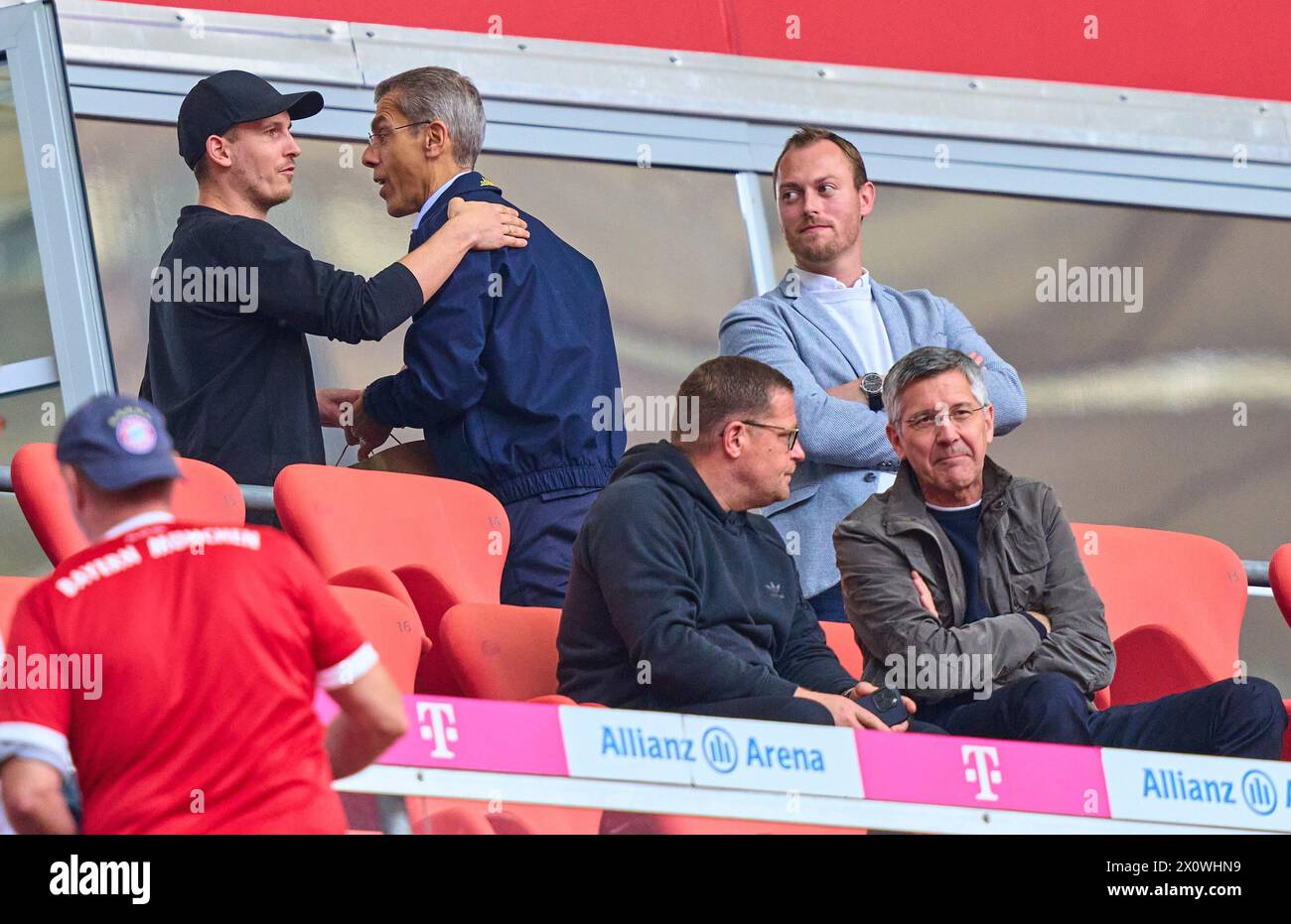 Max Eberl  (u.L), Sportvorstand und Manager FC Bayern, Herbert HAINER (u.r.), FCB president and Ex CEO Adidas , Dr. Michael Diederich (o.M),  managing financial director FCB , Finanzvorstand und stellvertretender Vorstandsvorsitzender,   in the match  FC BAYERN MUENCHEN - 1.FC KOeLN 2-0   on April 13, 2024 in Munich, Germany. Season 2023/2024, 1.Bundesliga, FCB,, Muenchen, matchday 29, 29.Spieltag Photographer: ddp images / star-images    - DFL REGULATIONS PROHIBIT ANY USE OF PHOTOGRAPHS as IMAGE SEQUENCES and/or QUASI-VIDEO - Stock Photo