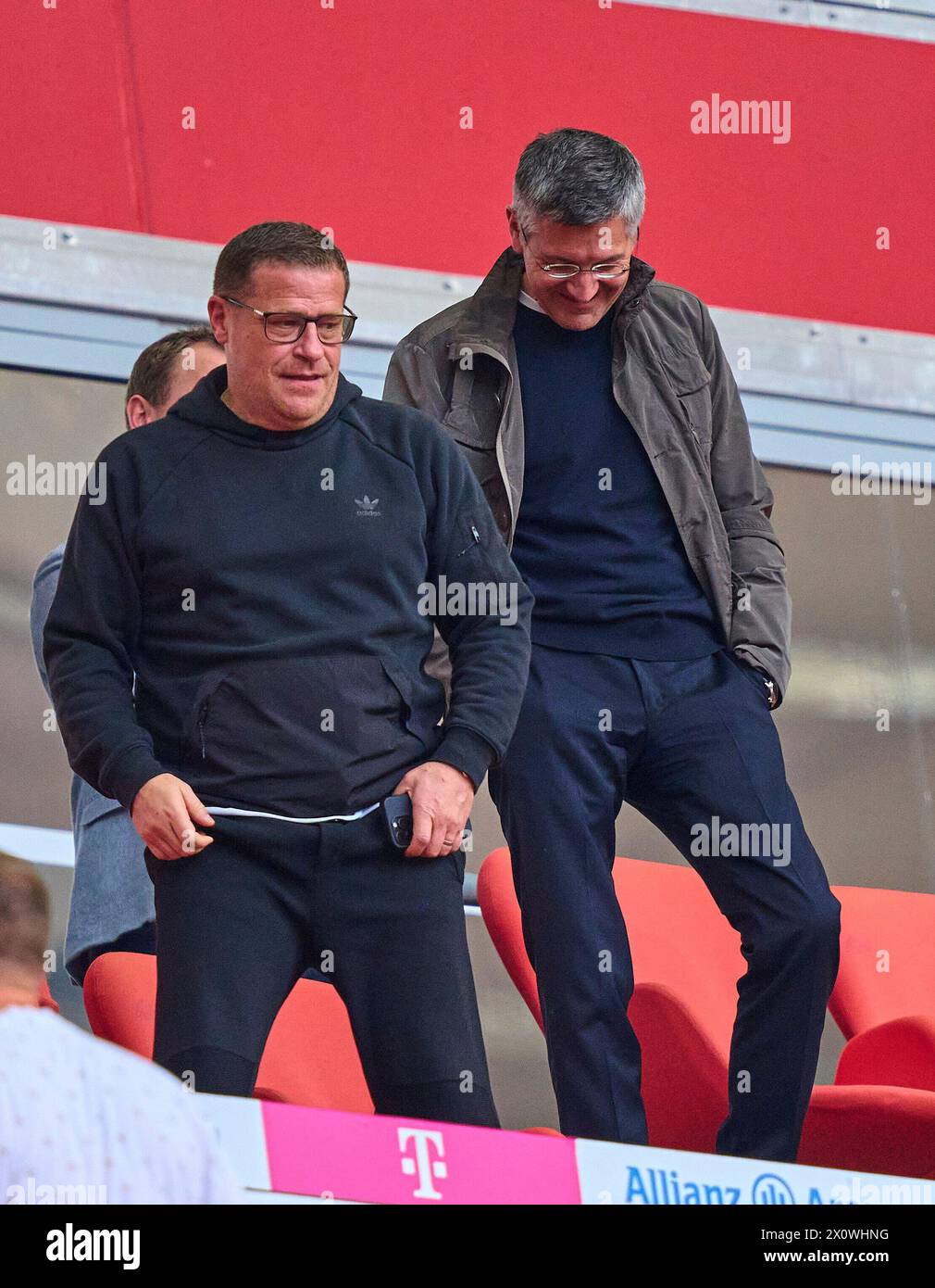 Max Eberl  (L), Sportvorstand und Manager FC Bayern, Herbert HAINER, FCB president and Ex CEO Adidas   in the match  FC BAYERN MUENCHEN - 1.FC KOeLN 2-0   on April 13, 2024 in Munich, Germany. Season 2023/2024, 1.Bundesliga, FCB,, Muenchen, matchday 29, 29.Spieltag Photographer: ddp images / star-images    - DFL REGULATIONS PROHIBIT ANY USE OF PHOTOGRAPHS as IMAGE SEQUENCES and/or QUASI-VIDEO - Stock Photo