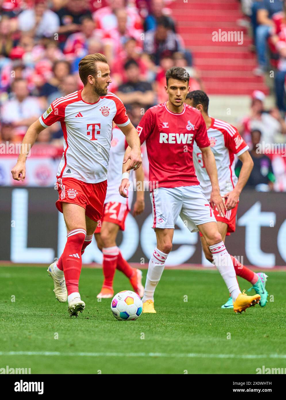 fcb9  compete for the ball, tackling, duel, header, zweikampf, action, fight against Dejan Ljubicic, 1.FCK 7   in the match  FC BAYERN MUENCHEN - 1.FC KOeLN 2-0   on April 13, 2024 in Munich, Germany. Season 2023/2024, 1.Bundesliga, FCB,, Muenchen, matchday 29, 29.Spieltag Photographer: ddp images / star-images    - DFL REGULATIONS PROHIBIT ANY USE OF PHOTOGRAPHS as IMAGE SEQUENCES and/or QUASI-VIDEO - Stock Photo