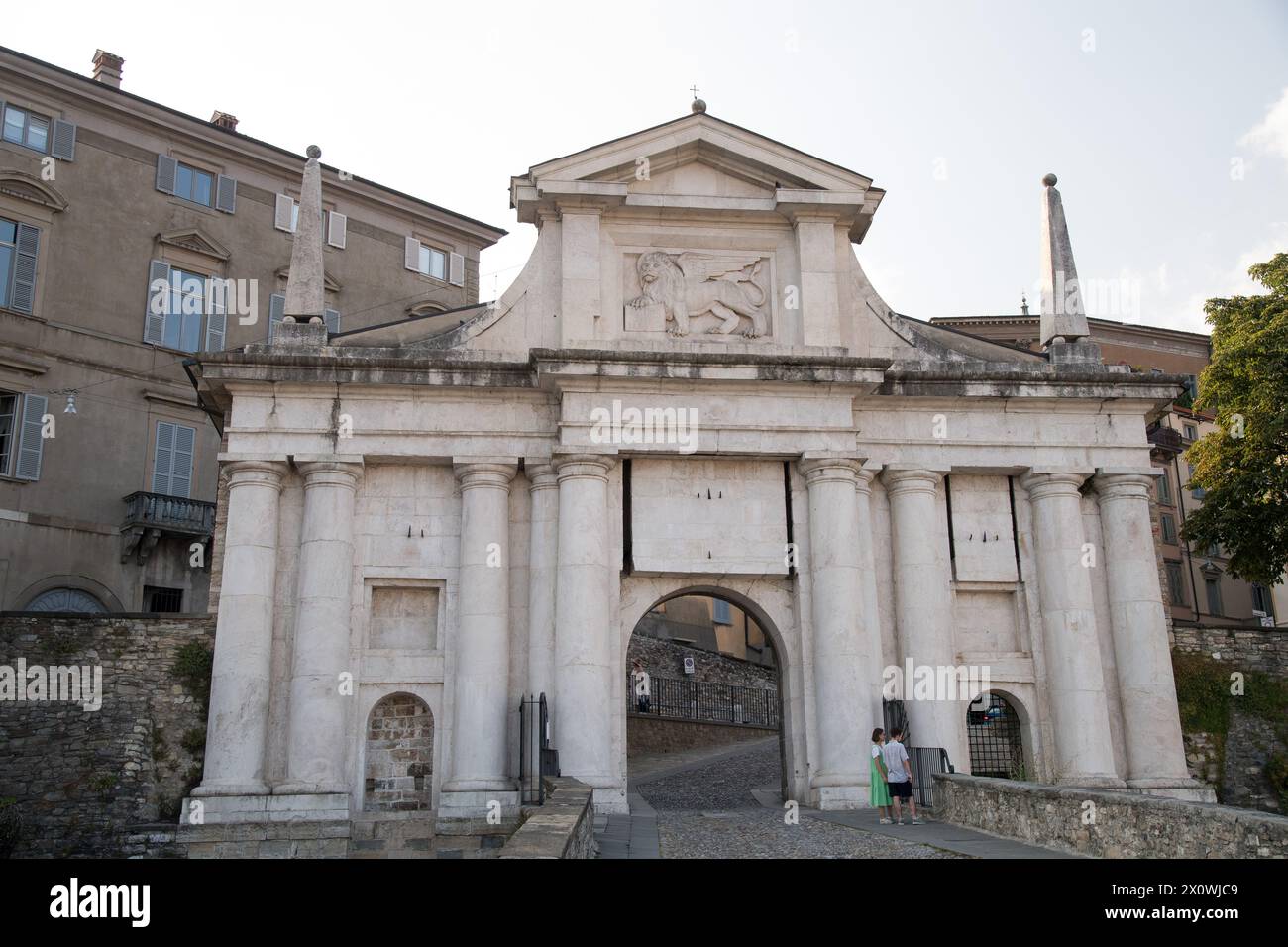 Porta San Giacomo (San Giacomo gate) from XVI century, part of Mura veneziane di Bergamo (Venetian walls of Bergamo) in historic centre called Bergamo Stock Photo