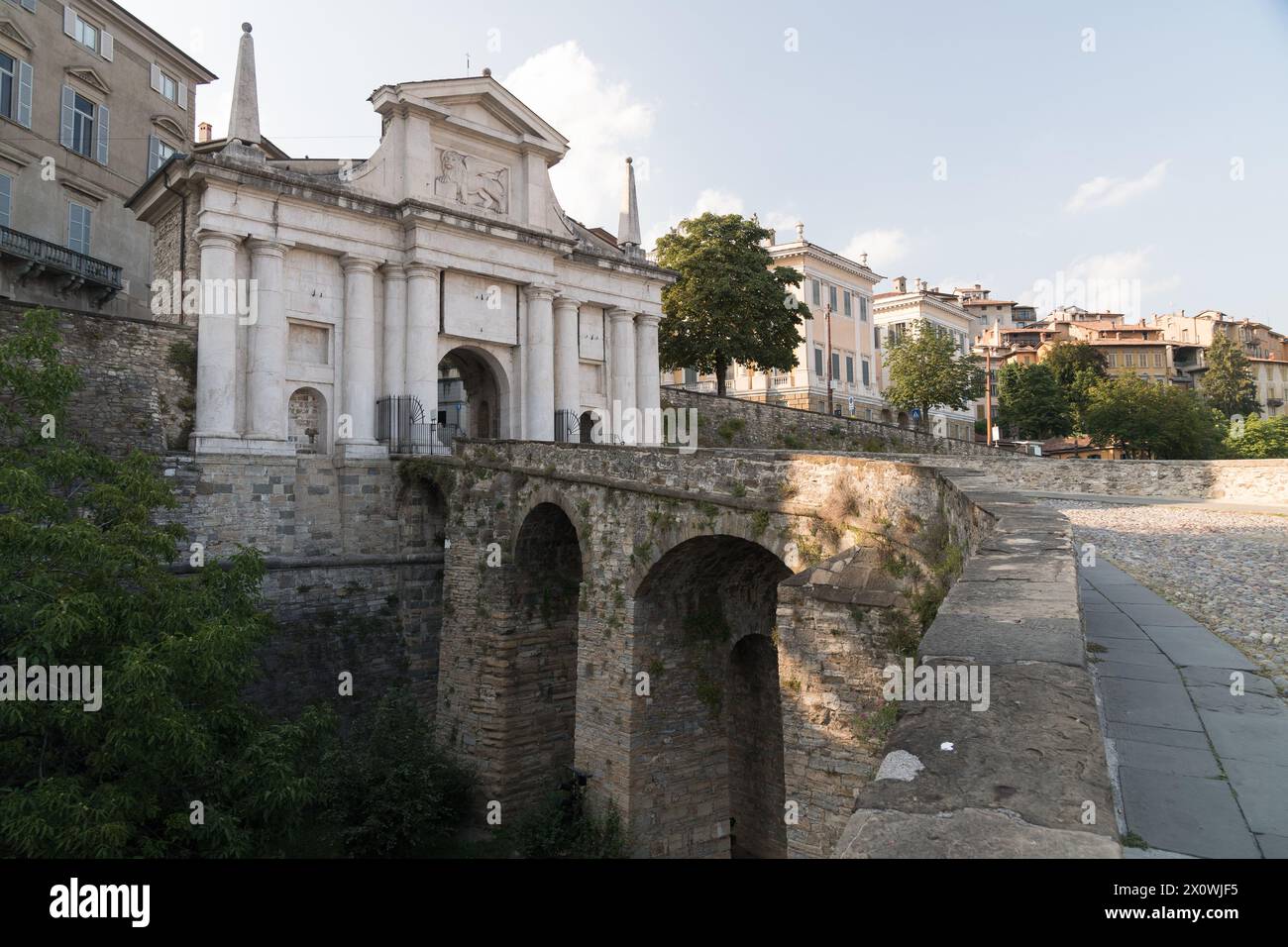 Porta San Giacomo (San Giacomo gate) from XVI century, part of Mura veneziane di Bergamo (Venetian walls of Bergamo) in historic centre called Bergamo Stock Photo