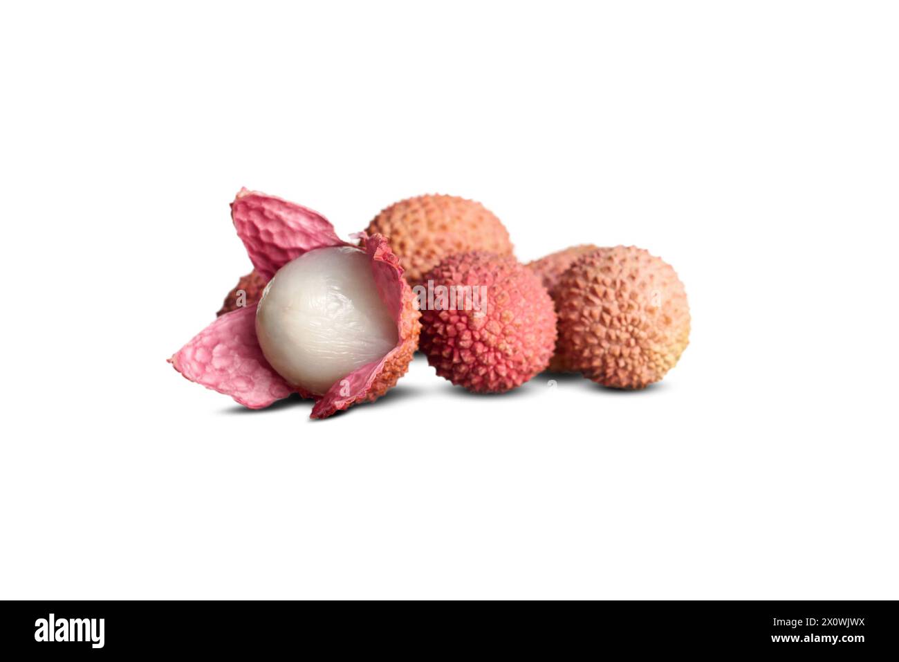 Peeled lychee fruit on a white isolated background. Stock Photo