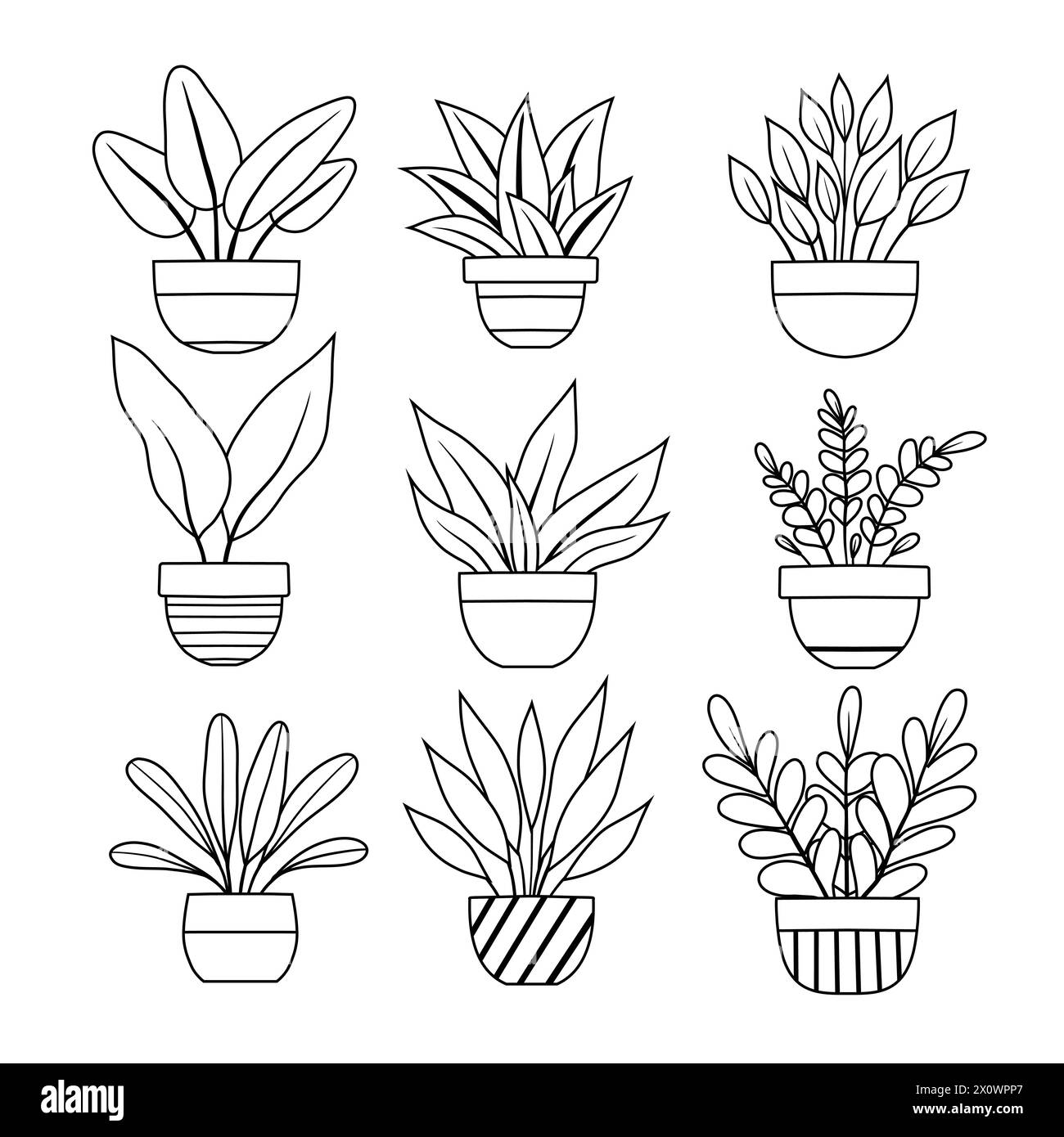 Vector set of outline various plants in vases clip arts. Collection of monochrome contour flowers in pots for home decoration. Line art natural design Stock Vector