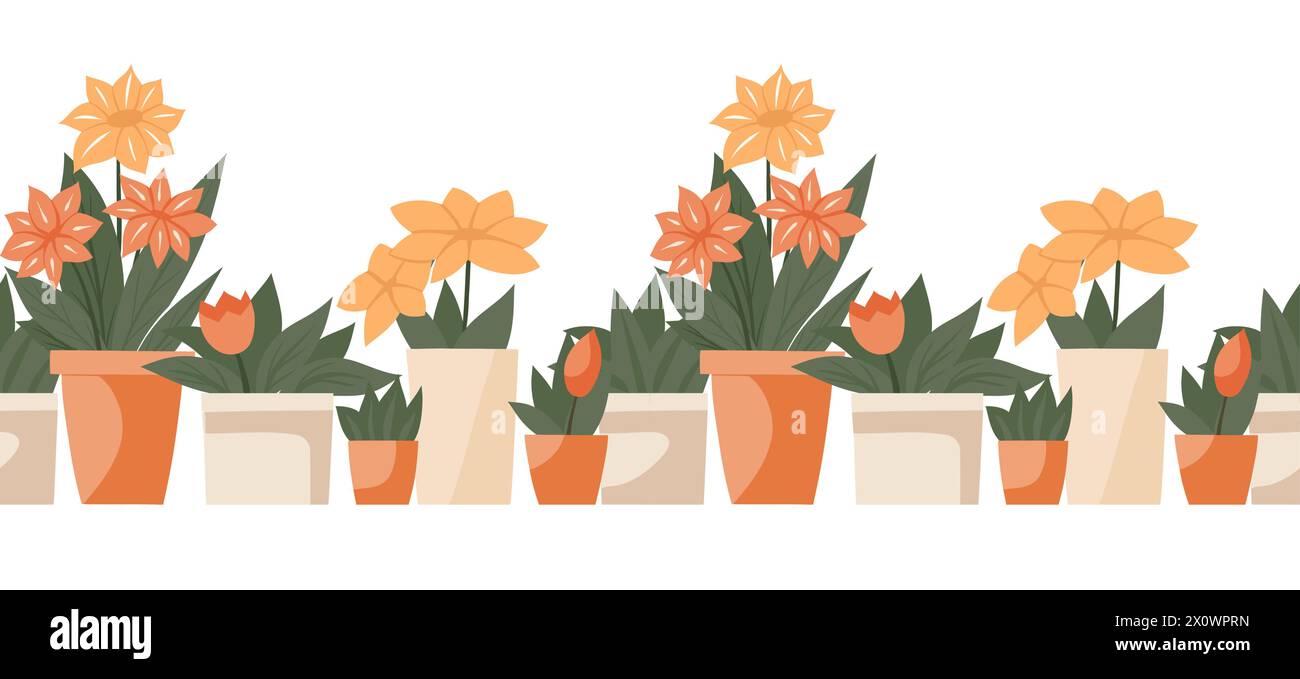 Vector seamless border with flowers and leaves in various pots isolated ...