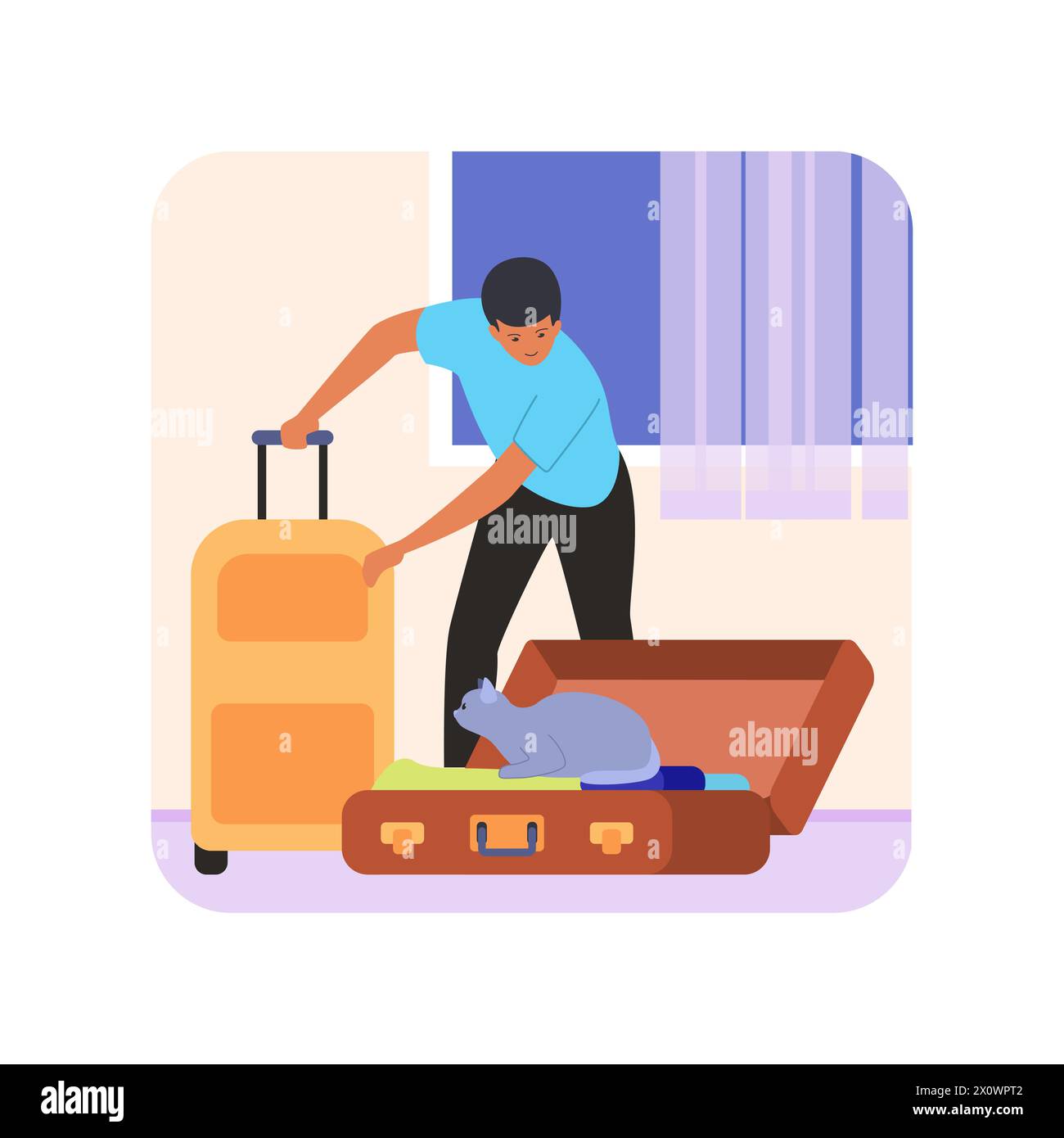 Man packing things for trip, cat playing and sitting inside suitcase vector illustration Stock Vector