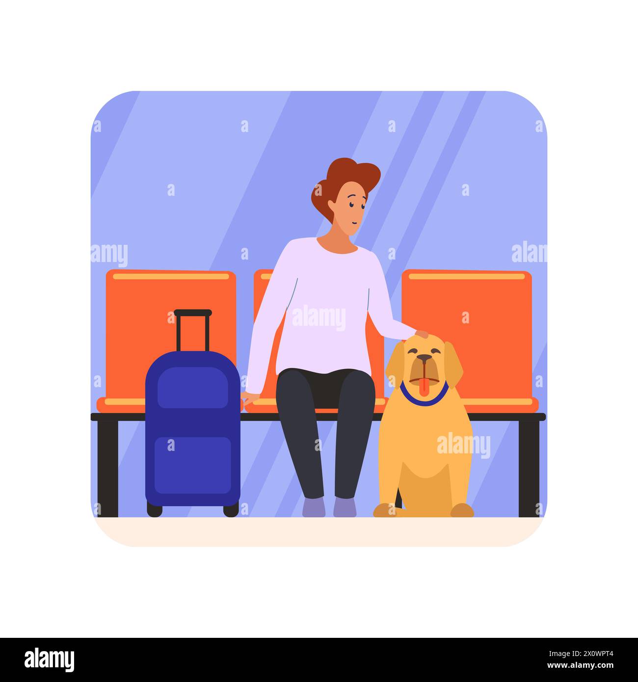 Man and dog waiting for flight in airport lounge, pet owner sitting on seat vector illustration Stock Vector