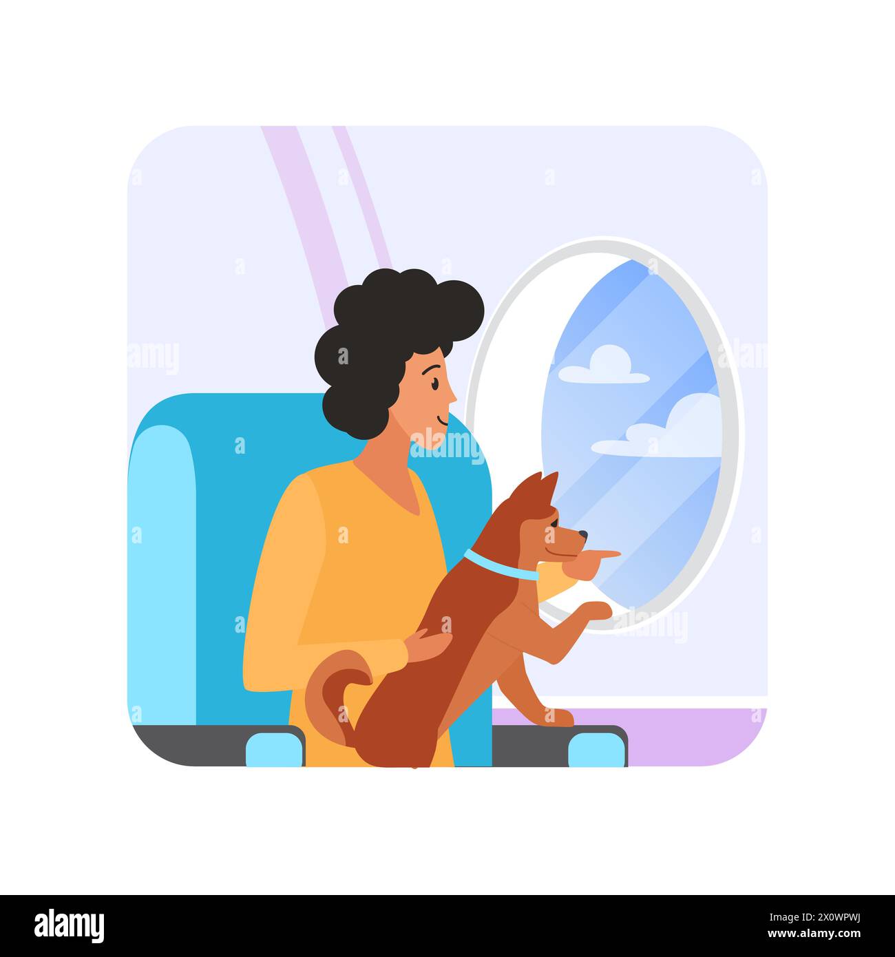 Happy man and dog travel together looking out airplane window vector illustration Stock Vector